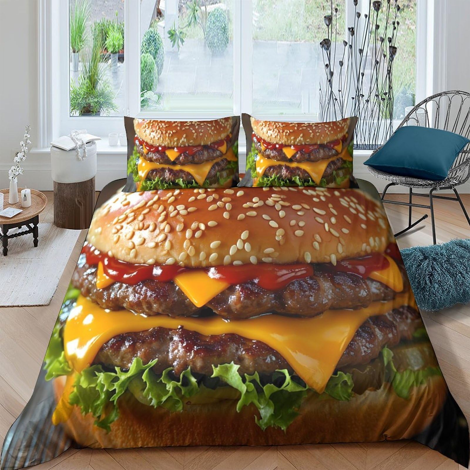 Ctjqhvkz Style-8 3D Printed Cheeseburger Fitted Sheet Microfiber Vibrant Hamburger Bed Cover For Bedroom Dorm Mattress Protection Decor Single（135X200cm）