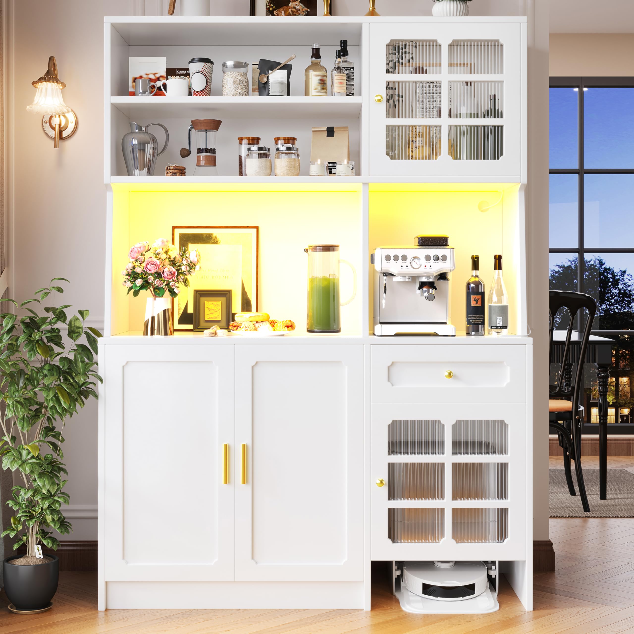 Armadio da cucina con piano di lavoro e illuminazione a LED, credenza con ante in vetro, credenza con cassetti, 130 x 45 x 180 cm (bianco)