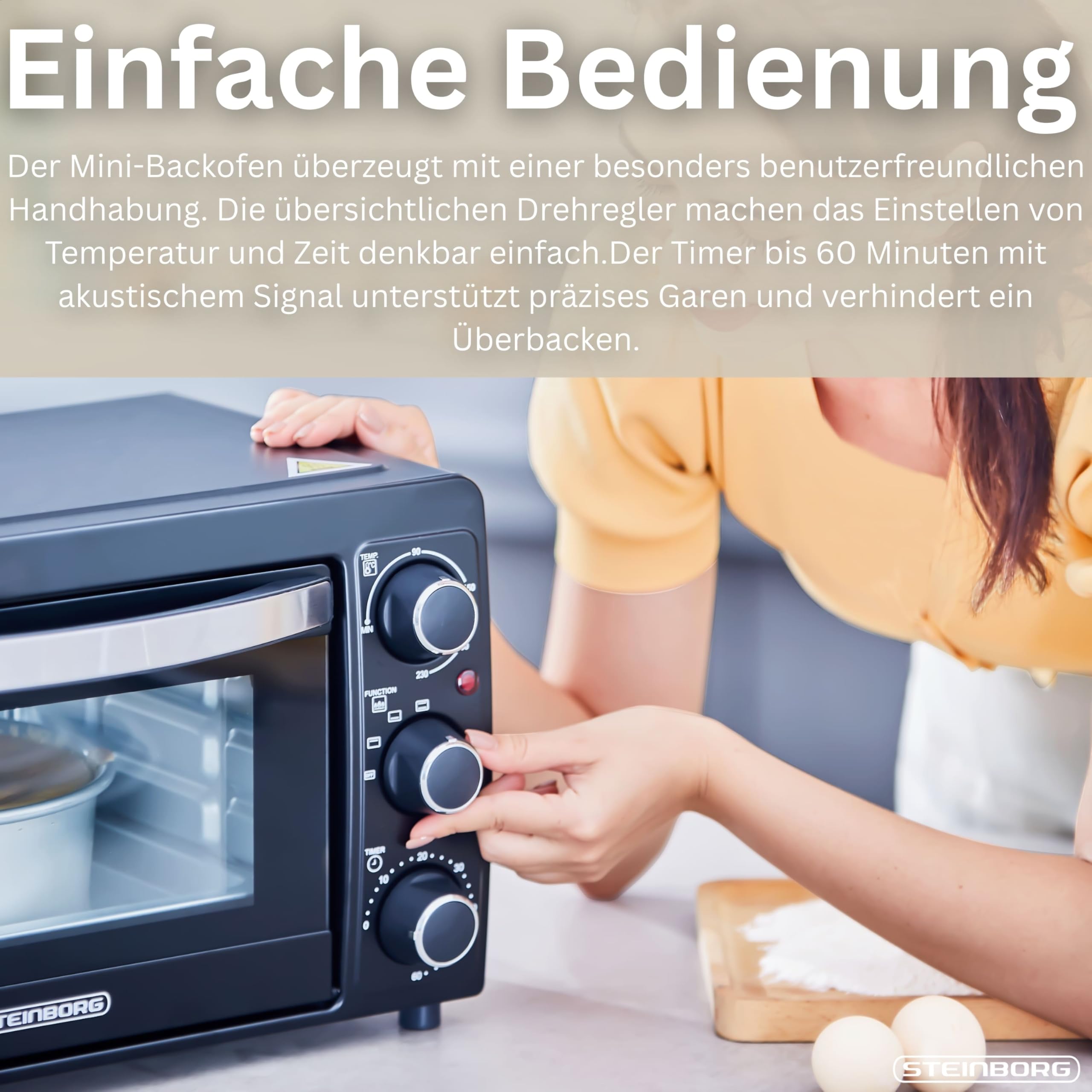 STEInBORG Mini Backofen 15 Liter Pizza-Ofen 3in1 Backofen Minibackofen Miniofen Krümelblech Ober-/Unterhitze Energiesparend 60 min.Timer