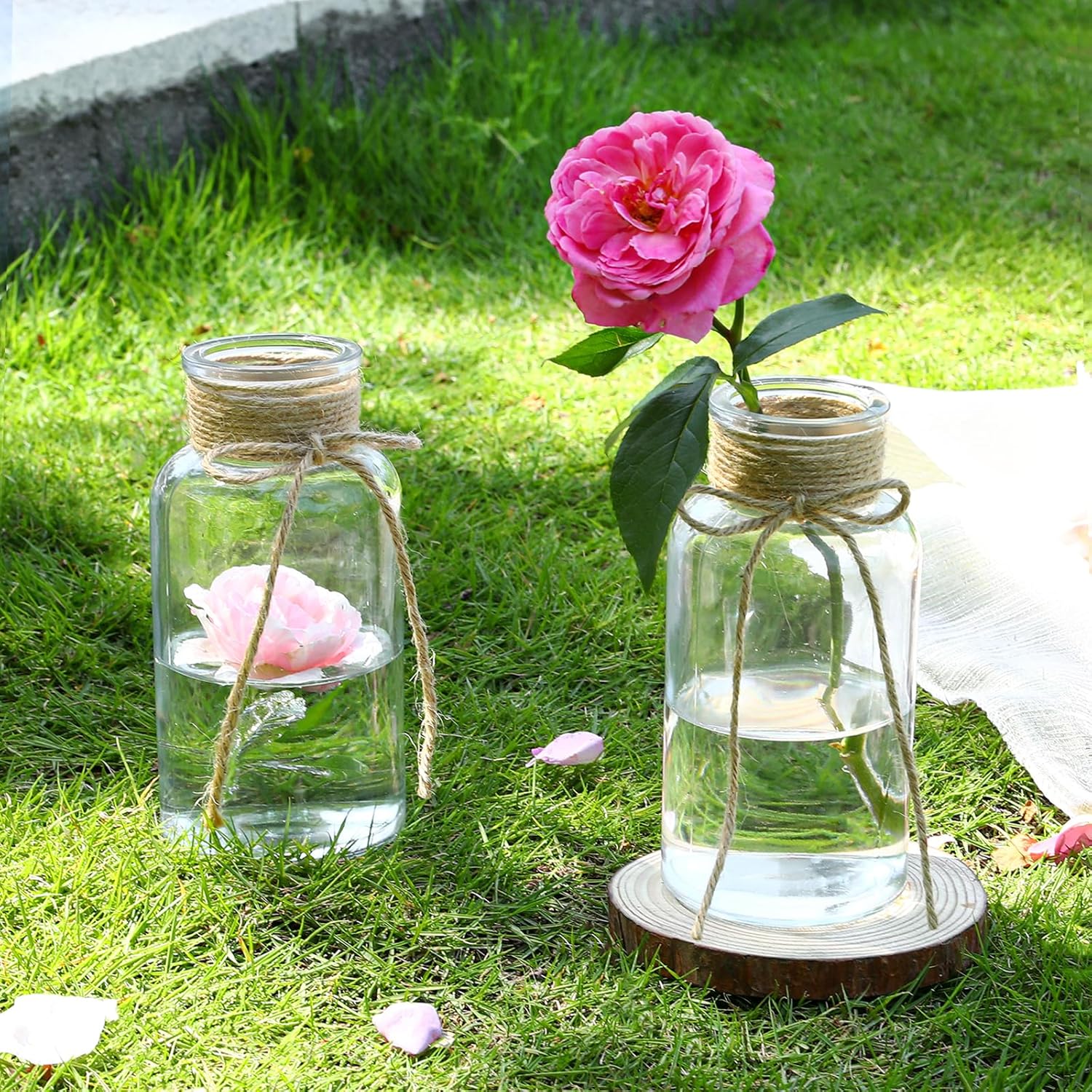 Vintage Clear Glass Vases for Flowers – Set of 6 Decorative Cylinder Vases with Hemp Rope for Farmhouse Wedding Centerpieces, Reception Table Decorations, Home Decor, Floral Arrangements - Image 4