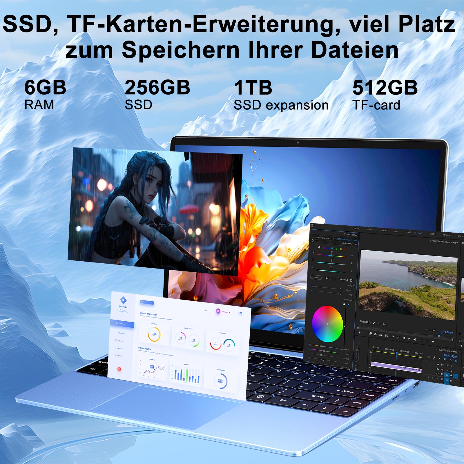 Laptop 14 Zoll Win11 Pro Notebook 6+256GB SSD Unterstützung 1TB | 1920x1080P Full Metal Celeron N4020 5G WiFi Mini HDMI & Kabellose Maus Tastaturfolie für Tastatur-Blue