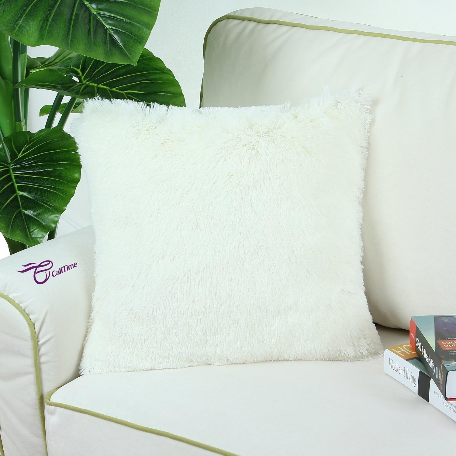 CaliTime Super Soft Throw Pillow Cover Case for Couch Sofa Bed Solid Plush Faux Fur 18 X 18 Inches Ivory