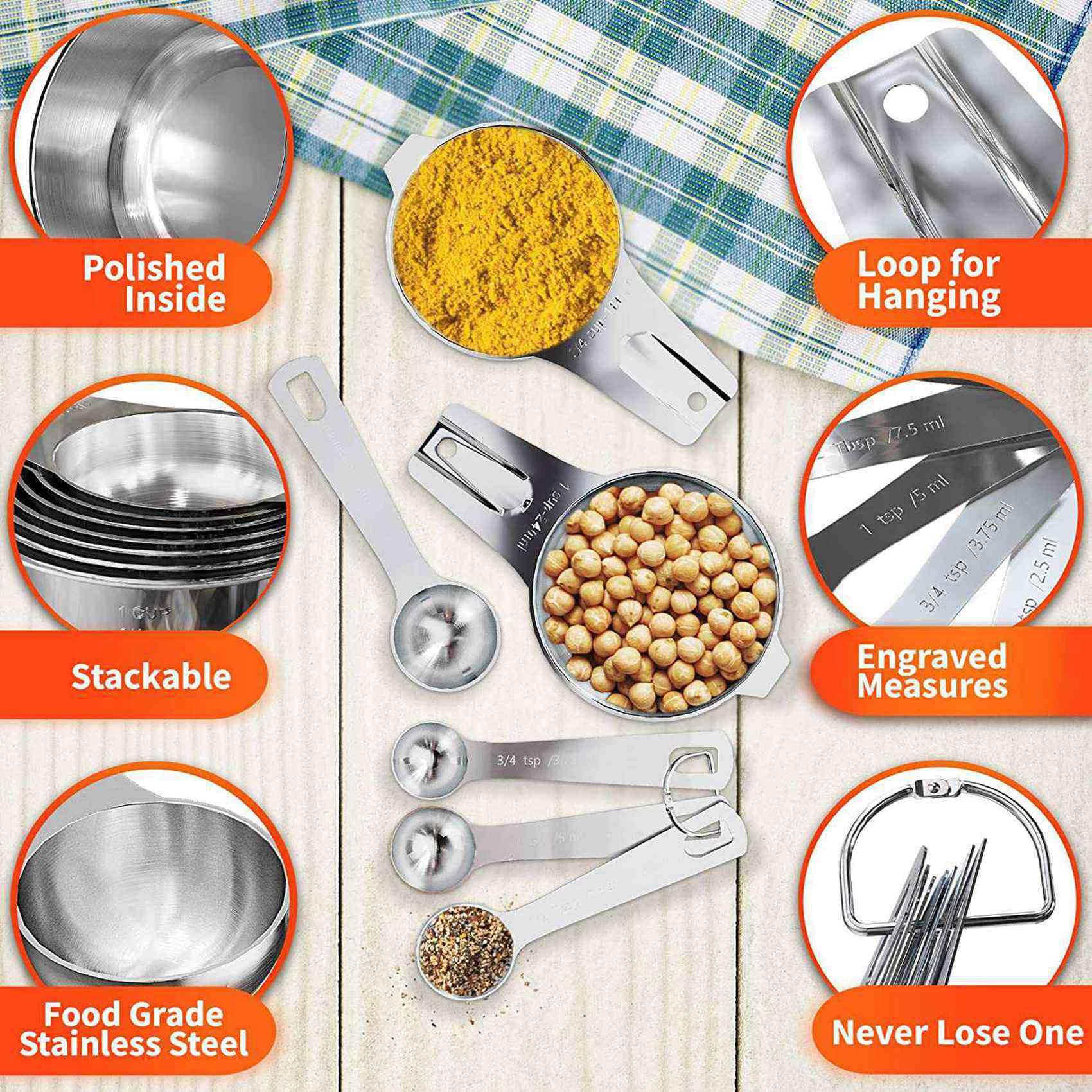 Juego de 28 Tazas, Tazas y Cucharas Medidoras de Acero Inoxidable, 14 Tazas Anidables y 14 Cucharas Apilables Portátil Profesional