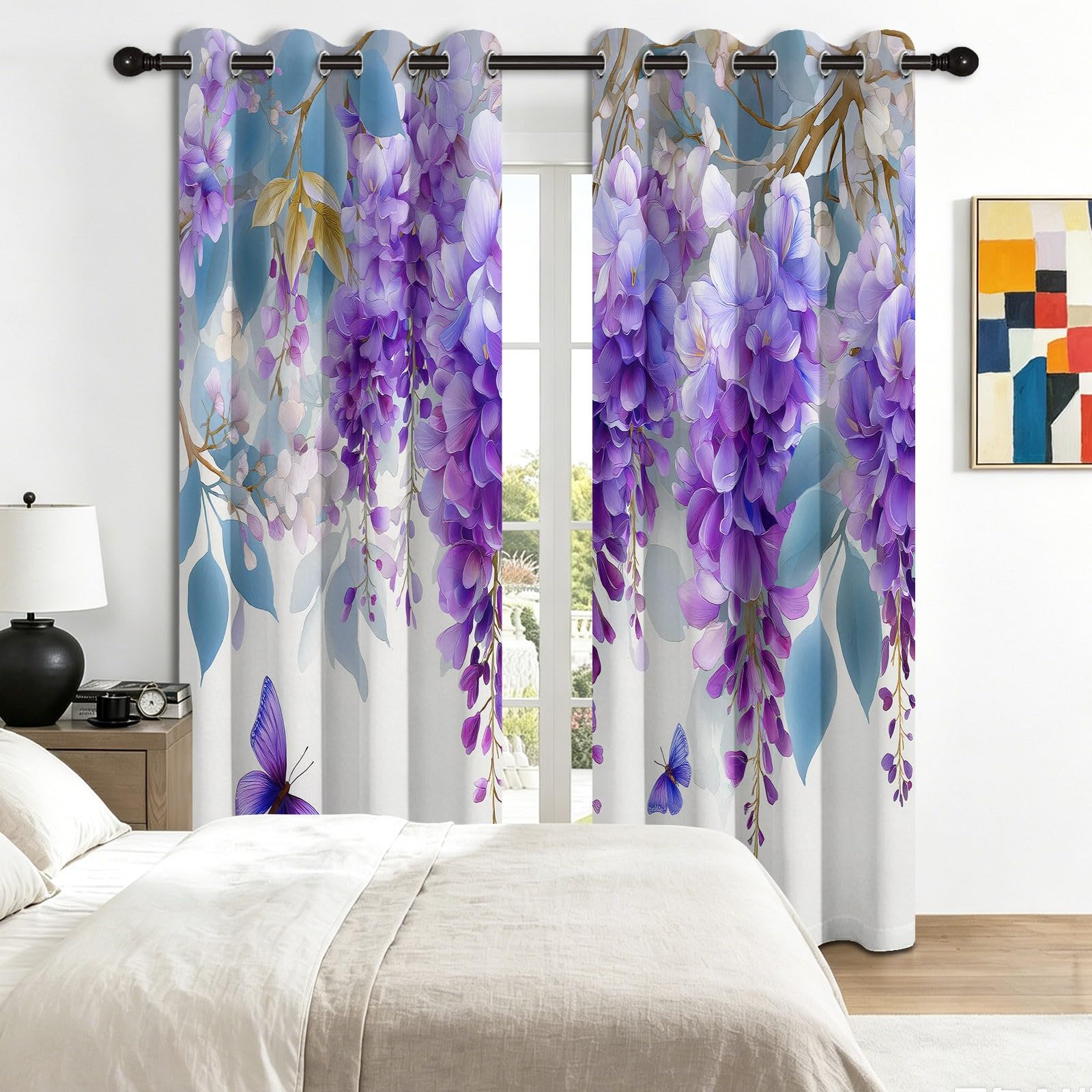Nowoczesne minimalistyczne zasłony zaciemniające w kwiaty, 140 l x 175 cm, zestaw 2 paneli zaciemniających z glicyny, motyle, nieprzejrzysta zasłona z oczkami, do salonu i sypialni