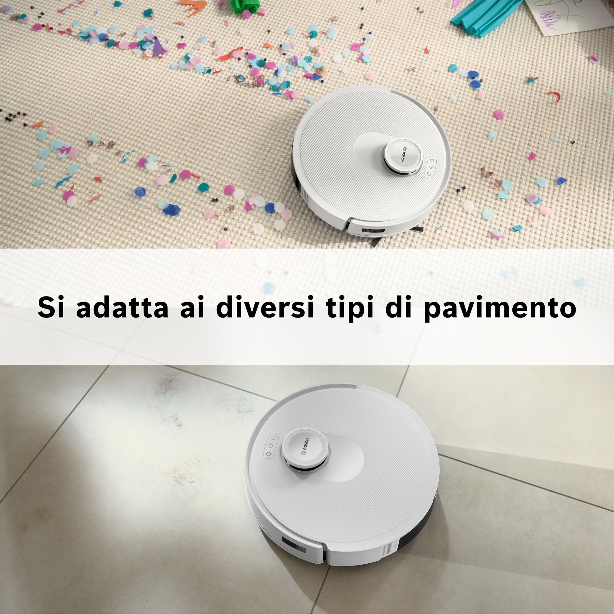 Bosch Spotless+Robot Aspirapolvere e Lavapavimenti,Potenza 11.000Pa,Panno Lavapavimenti Statico,Stazione di ricarica con autosvuotamento,Navigazione Infrarossi Smart Vision,AppBosch HomeConnect,Bianco