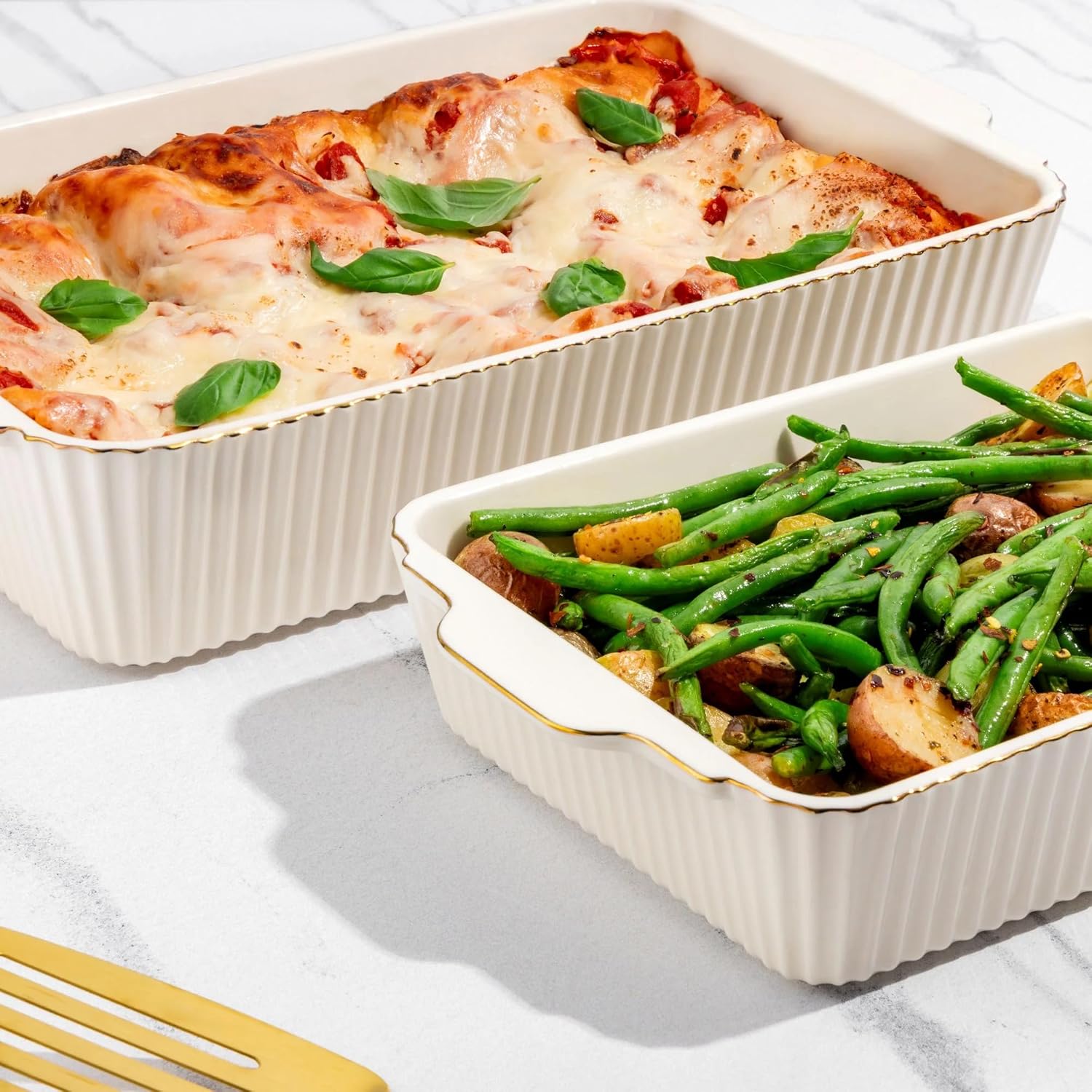 White Ribbed Stoneware Baking Dish Set 4-Piece with Lids, 9x13 and 7x10 Casserole Bakers, Versatile Ceramic Bakeware for Oven, Microwave and Kitchen