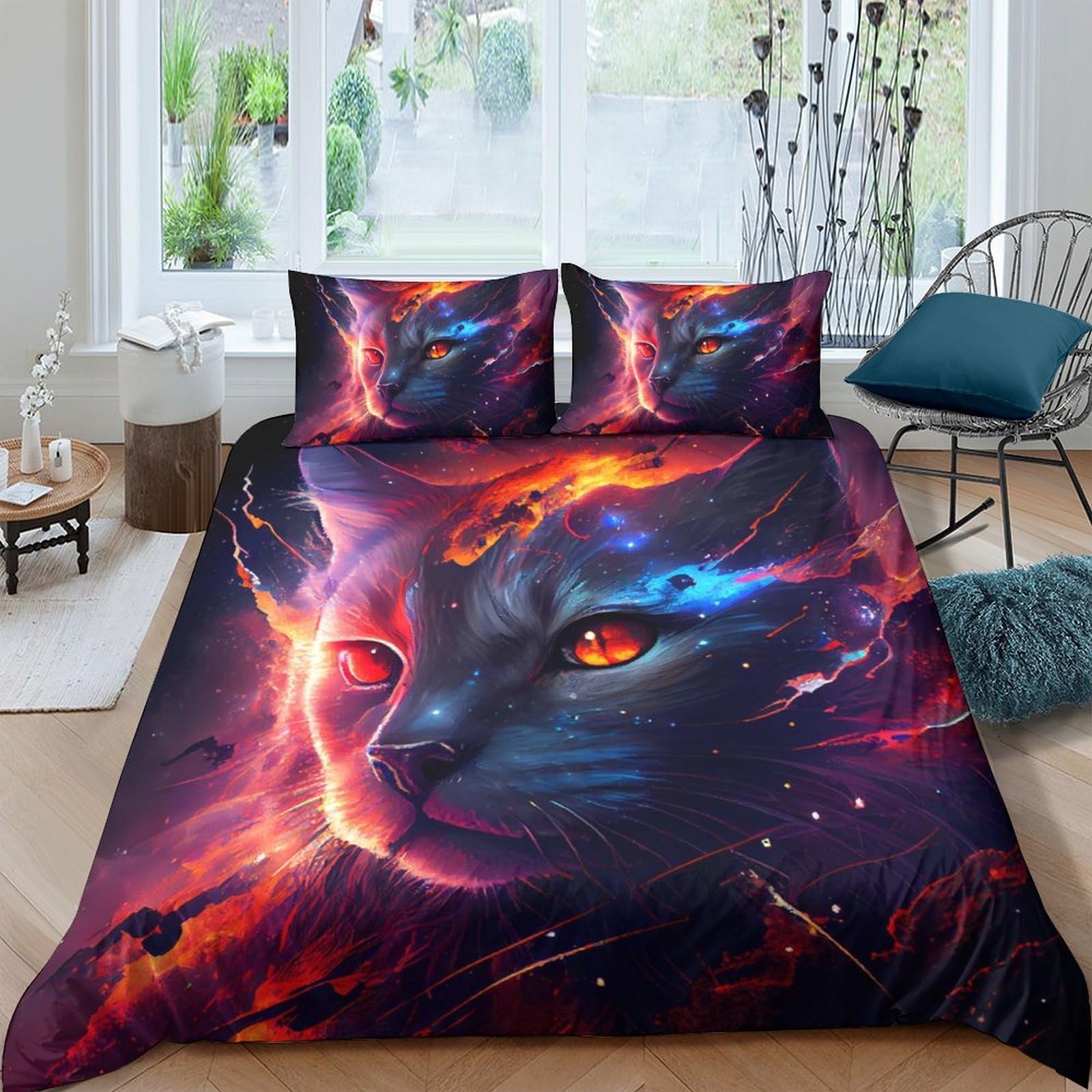 Ctjqhvkz Style-5 3D Printed Cosmic Cat Fitted Sheet Microfiber Bedroom Decor Galaxy Nebula Mattress Cover Anti-Slip Machine Washable Single（135X200cm）