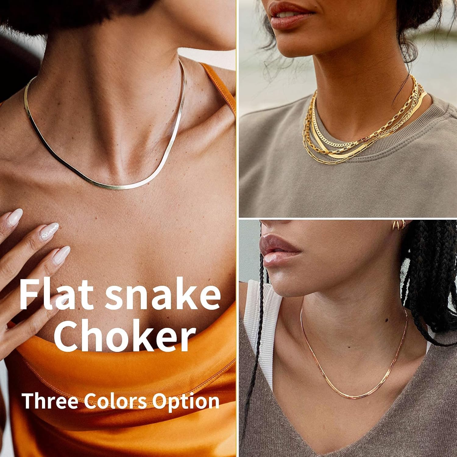 ChainsHouse Flat Snake Chain Herringbone Choker Necklace for Women, Stainless Steel/Rose Gold/18K Gold Plated Dainty Adjustable Simple Short Layered Necklaces, 12"/15"/18" with 3.5" Extender - Image 2