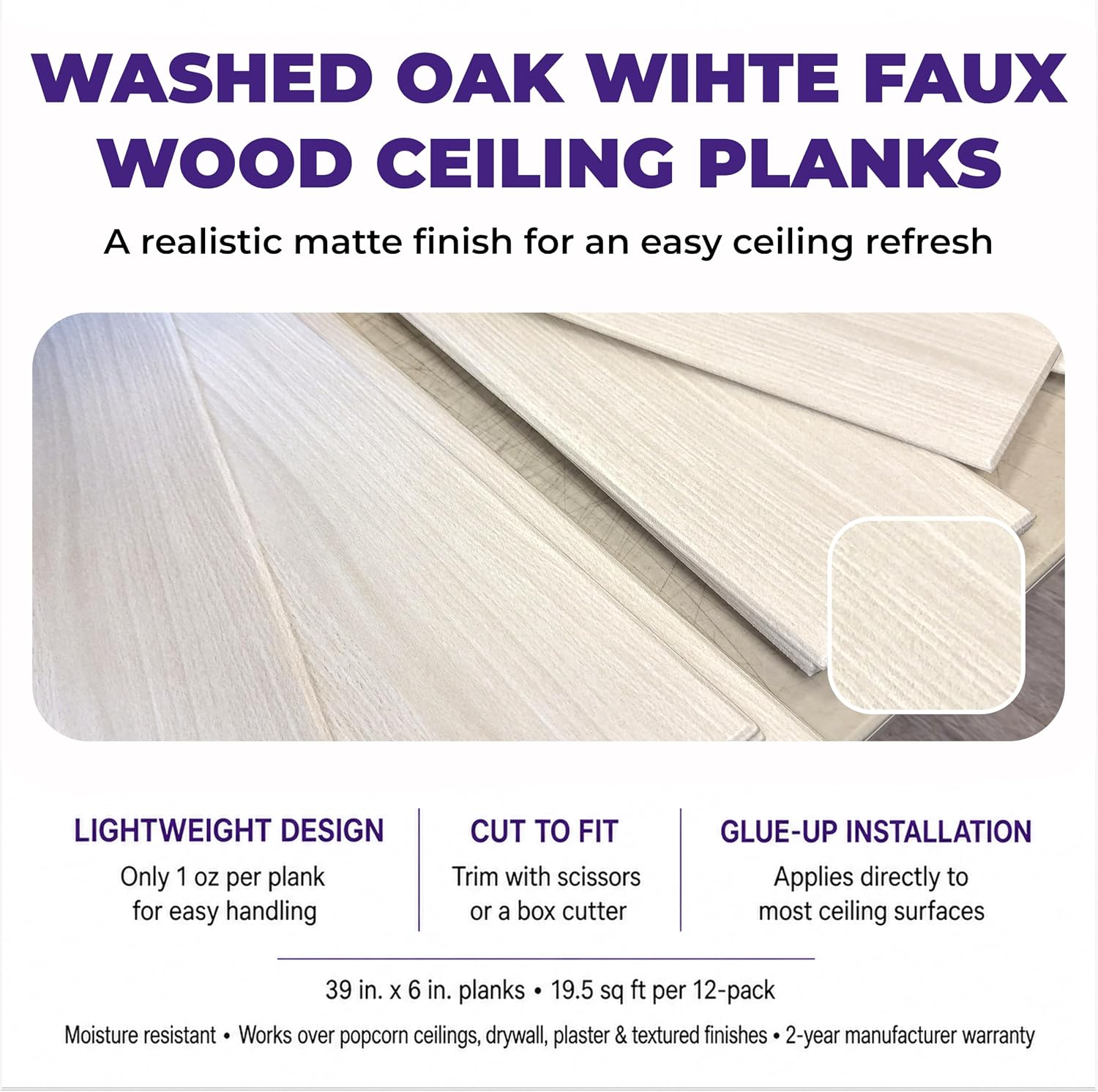 A La Maison Ceilings WP121wo-96 Foam Ceiling Planks, Washed Oak, 39x6 in image 3