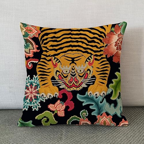 Miniatura 2 de ArogGeld Chinoiserie - Fundas de almohada con estampado de animales de tigre, funda de almohada asiática, rosa, verde y turquesa, floral, colorida,