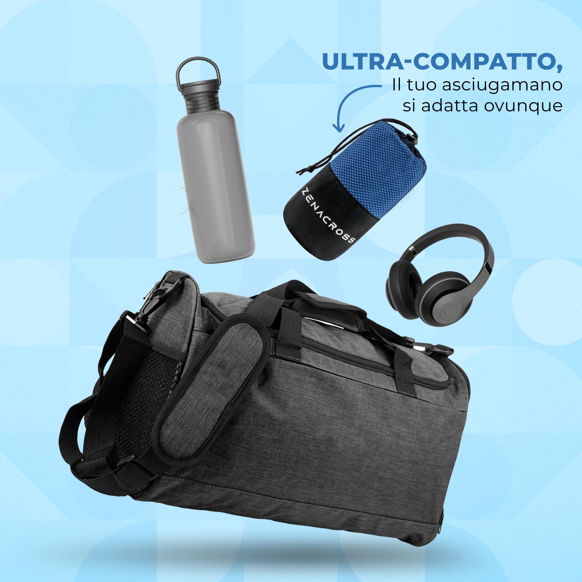 Zenacross Asciugamano Palestra Set di 3 con Borsa per il Trasporto - Asciugamano Microfibra a Rapida Asciugatura e Versatile - Telo Palestra Taglie XS, S, M - Blu