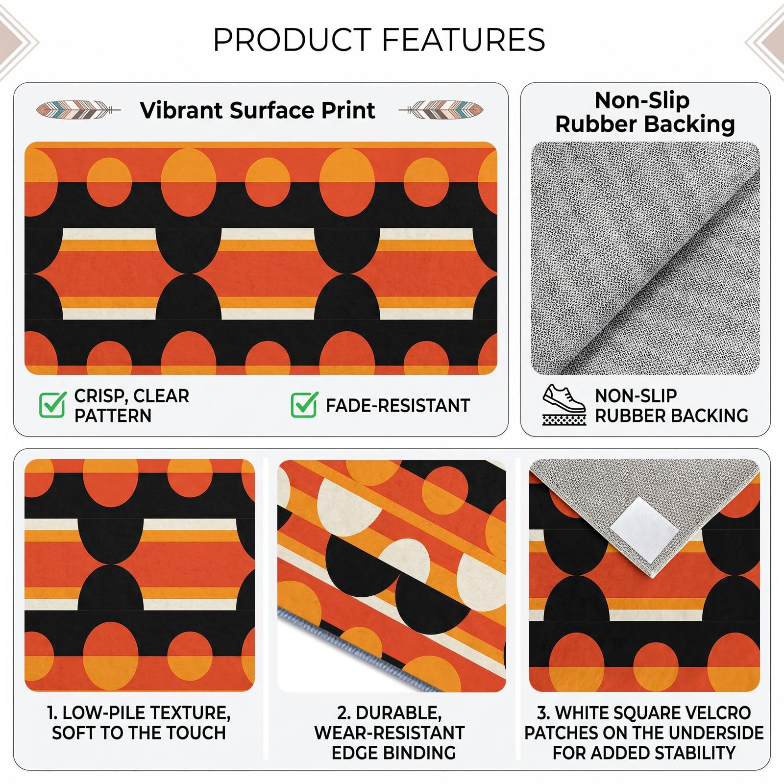 Tapis Salon Lavable en Machine Rayures Géométriques Rétro Semi Circulaires Tapis de Chambre à Poils Courts, Antidérapant Doux Poil Ras Rug, Idéal pour Chambre d'enfant, Couleur Orange, 160 x 230 cm