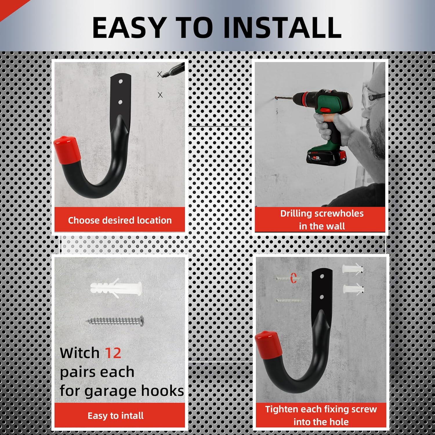 6 PCS Heavy Duty Garage Wall Hooks for Hanging, Loading Capacity 200 LBS for Storage Hooks, 3.8inch Hanging Hook for Garage Organization,Wall Mount Utility J Hook with Wall Anchors and Screws