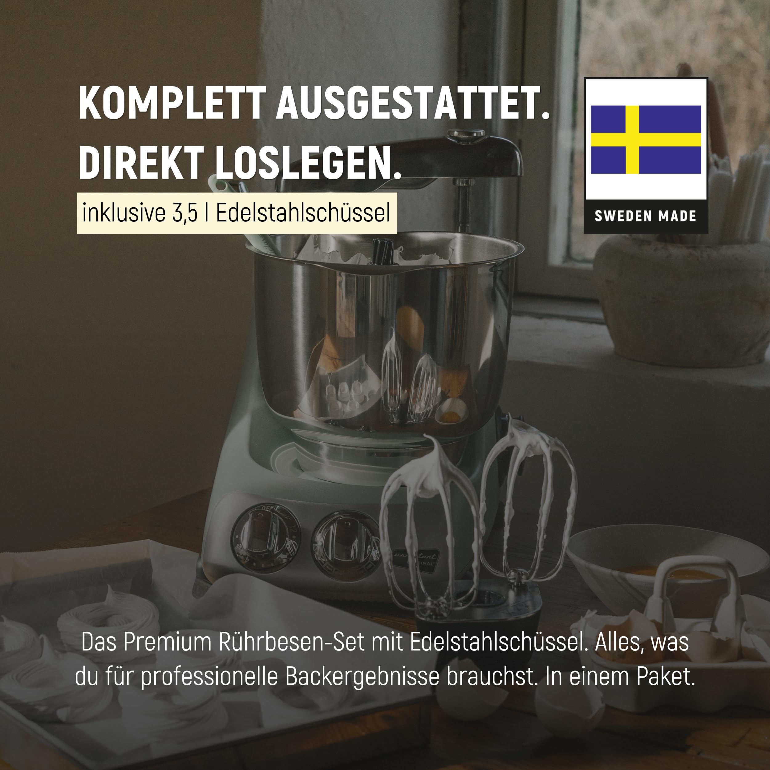 Ankarsrum Premium Rührbesen-Set mit 3,5 l Edelstahlschüssel | Schneebesen & Flachrührer aus Edelstahl, für Sahne, Eischnee, Baiser, Keksteig & Buttercreme, made in Sweden