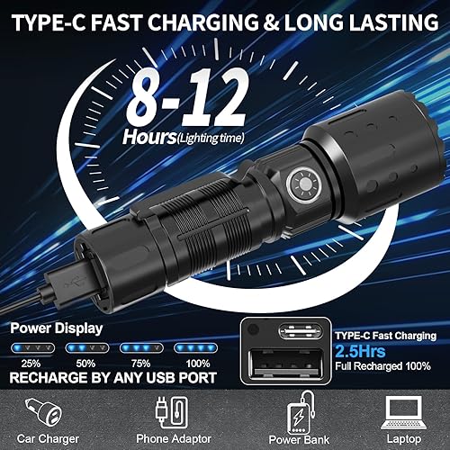 Miniatura 5 de Linterna superbrillante y recargable  Luces de flash de alta potencia, función de memoria, 6 modos, IPX5 impermeable  Luz LED compacta para