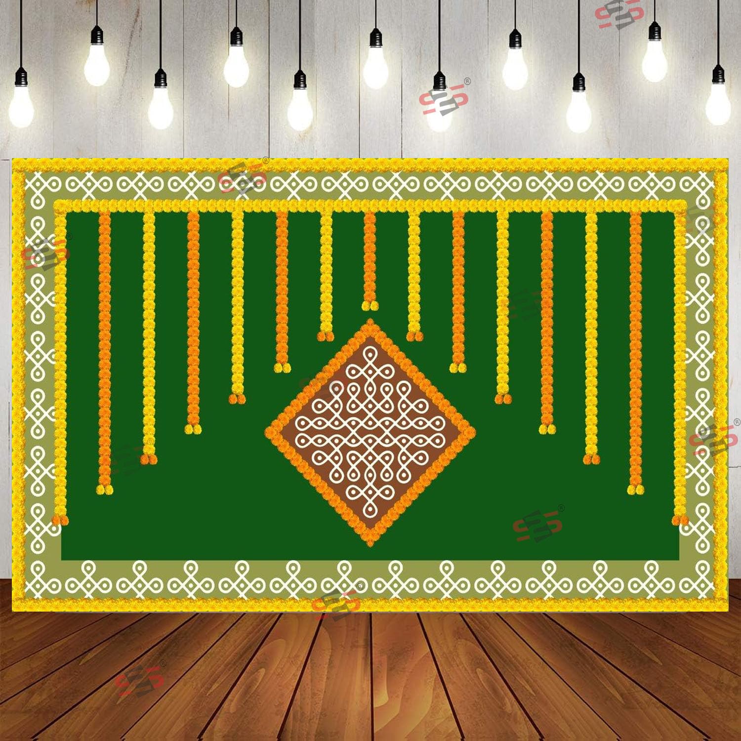 S2S Kolam Muggu Backdrop Cloth | for Pooja, Traditional, Background Decoration Cloth | Curtain Cloth for Festival Fabric | 5 Feet Height & 8 Feet Width