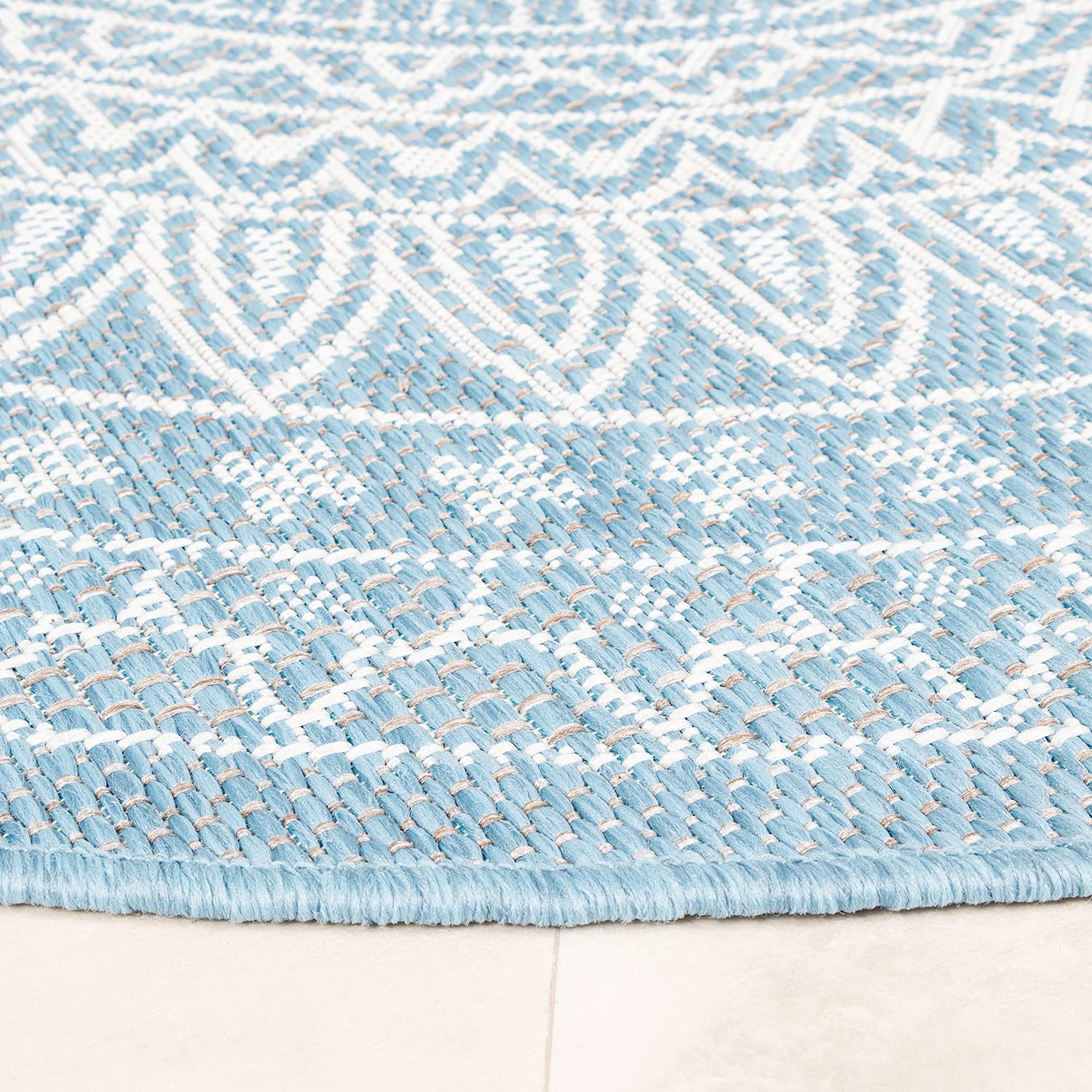 FRAAI | Home & Living In- & Outdoor Teppich Rund - Summer Azteca Hellblau - Wetterfest - Polypropylen - Ø 180 cm - Balkon, Garten/Terrasse - Terrasse Teppich - Outdoor Rug