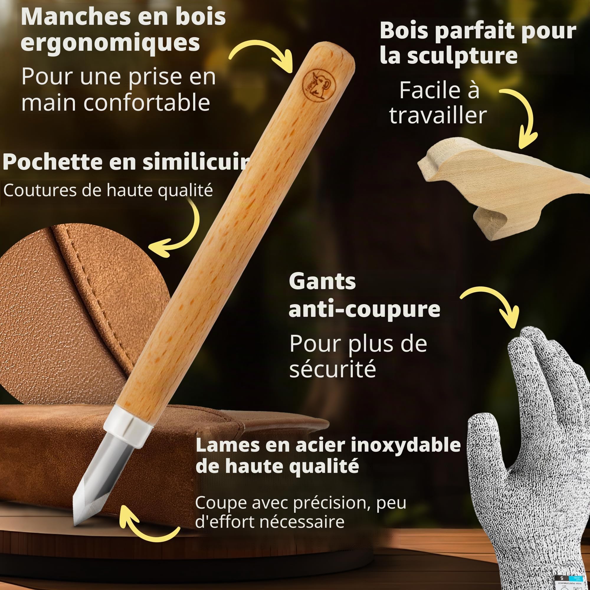 Eli Kit de sculpture pour enfants (17 pièces) avec instructions (français non garanti) – Ébauche en bois – 12 outils de qualité supérieure – Couteau de sculpture avec pierre