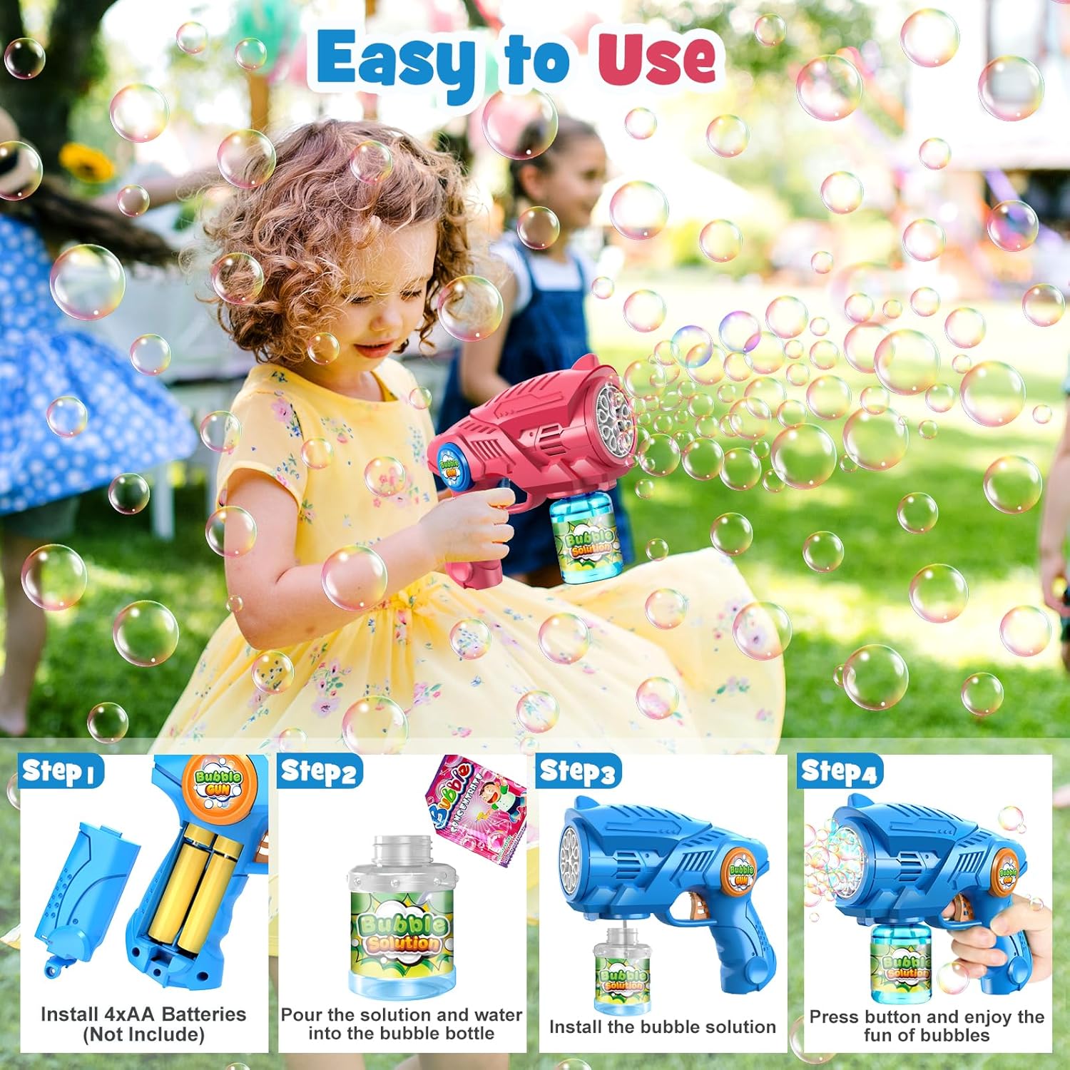 Bubble Gun Mchaine Toys for Kids: Automatic Bubble Blaster with 2 Bottles Refill Solution - Bubble Maker for 3-8 Year Old Boy Girl Kids, Outdoor Toys for Easter Birthday Wedding Party Gift (Blue, Red)