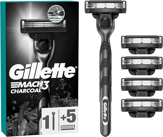 Gillette Mach3 Charcoal Maszynka do golenia dla mężczyzn, Maszynka do golenia z 3 ostrzami, 1 maszynka do golenia Gillette, 5 ostrzy wymiennych, z rączką inspirowaną węglem