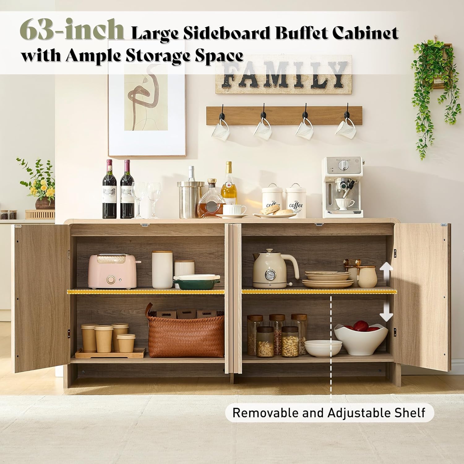 AMERLIFE 63" Fluted Sideboard Buffet Cabinet with Storage, Modern Credenza Console with 4 Doors & Adjustable Shelves, Wood Coffee Bar for Kitchen, Living Room, Hallway, Natural Oak