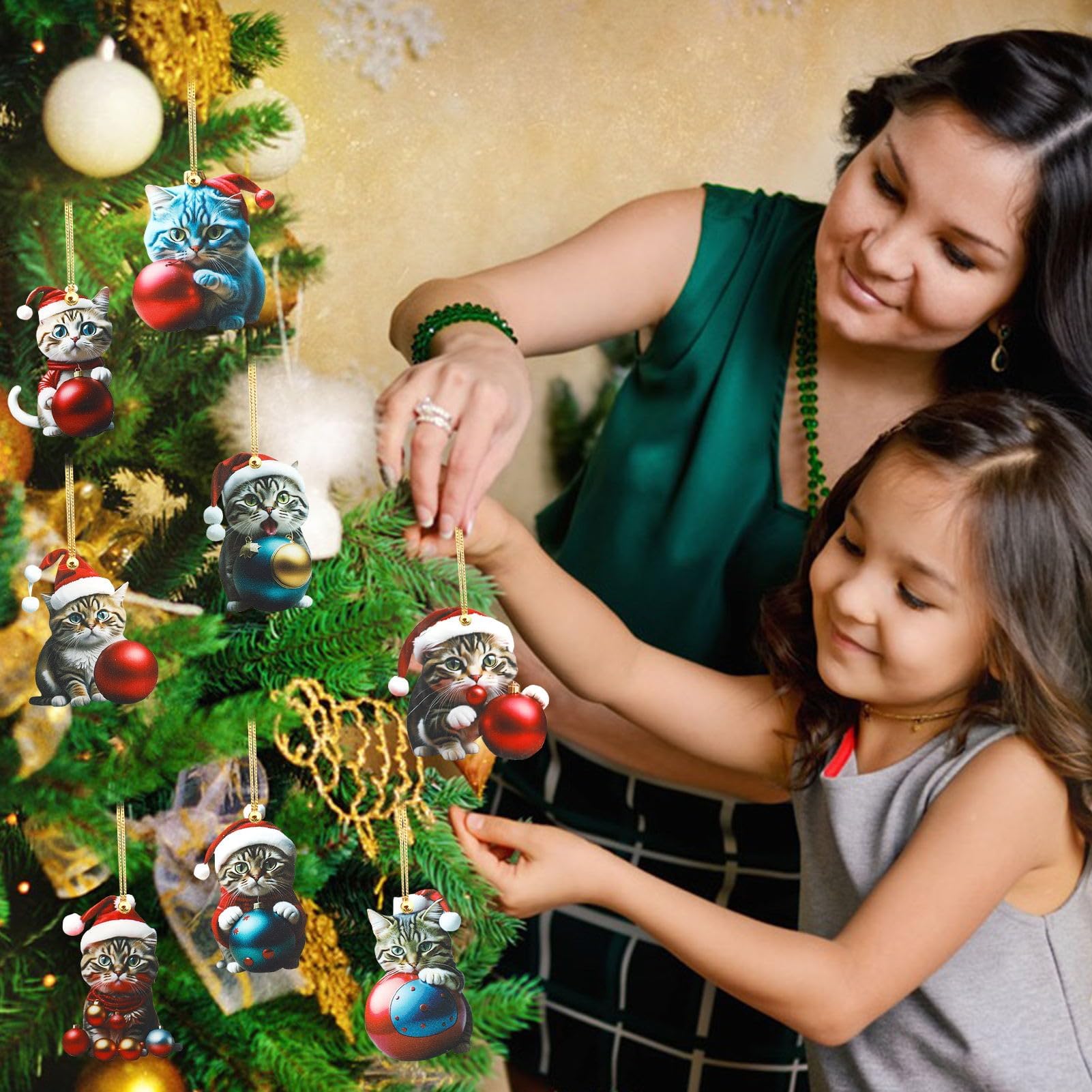 Katzen Weihnachtsbaumschmuck 10-teilig - Niedliche 2D Acryl Anhänger Mit Glöckchen
