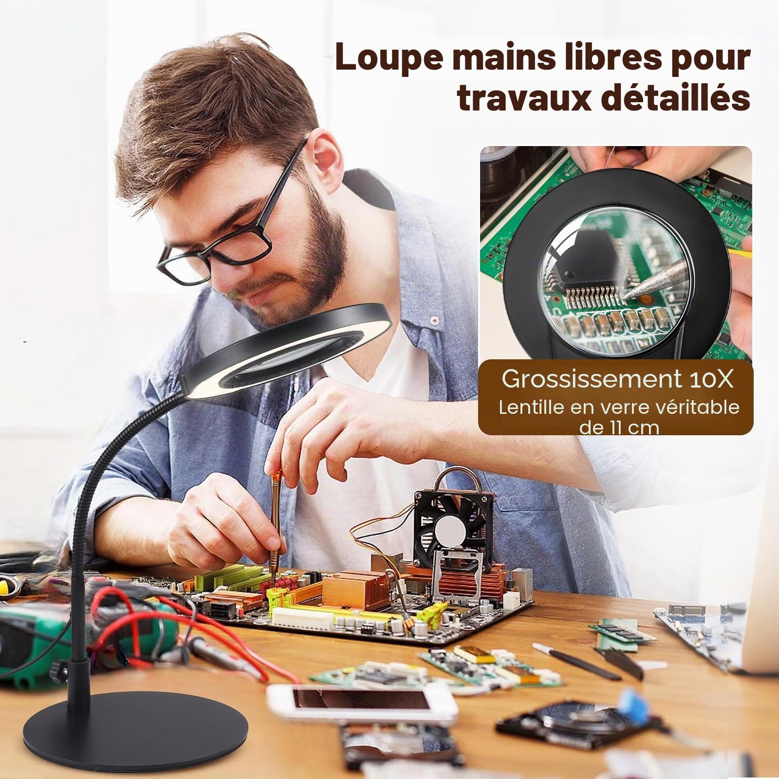 Lampe Loupe sur Pied 10x Grossissante Modelisme 360° LED 5 Couleurs Dimmable - Bureau Eclairante pour Lecture, Réparation et Artisanat