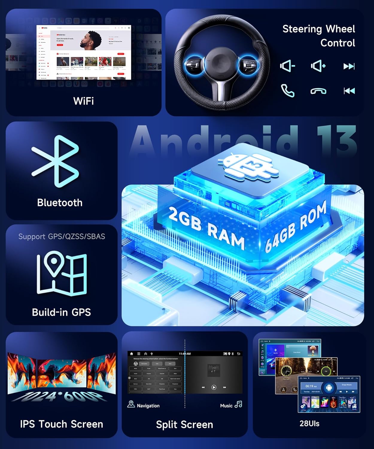 Car stereo display showing various UI themes
