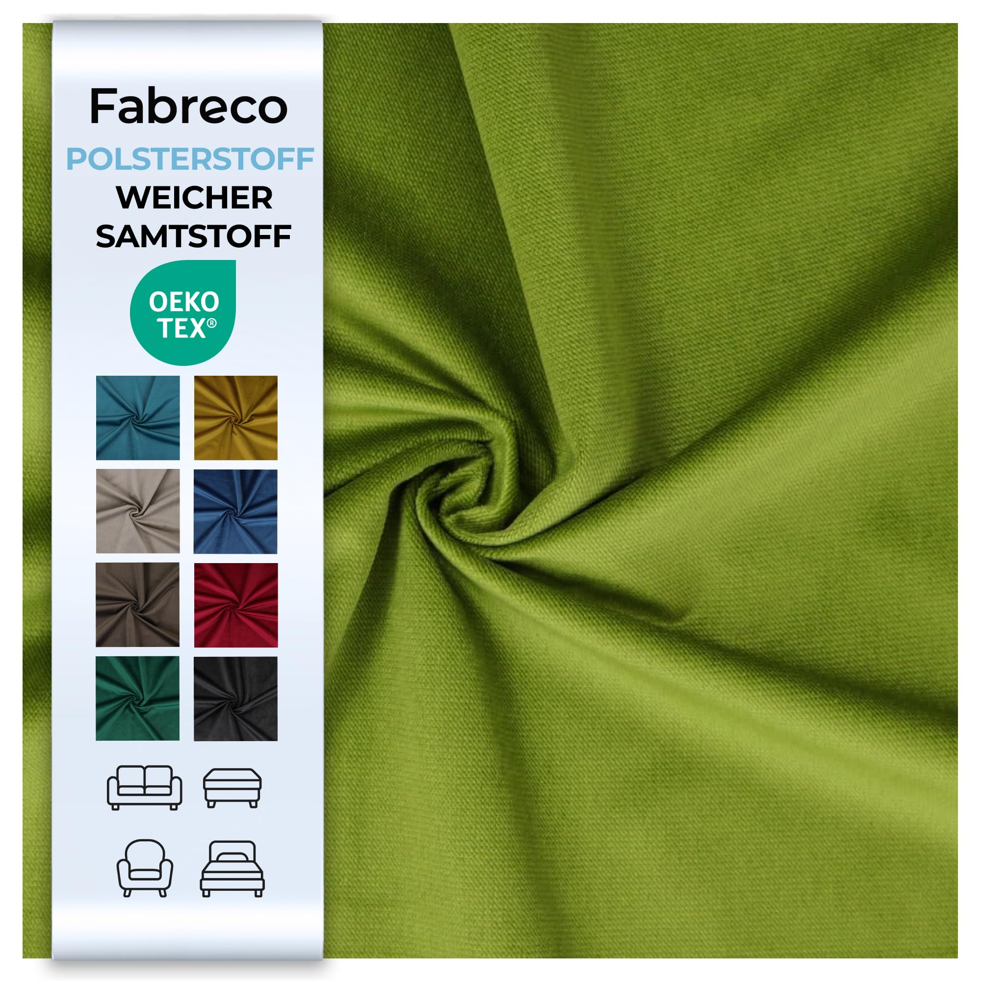Fabreco - Samtstoff Meterware KRONTOS (500 x 145 cm) - Polsterstoff Möbelstoff Meterware – Bezugsstoff Möbelstoff - Stoffe zum Nähen - Weicher Samt Stoffe für Stühle & Sofa Beziehen (Hellgrün)