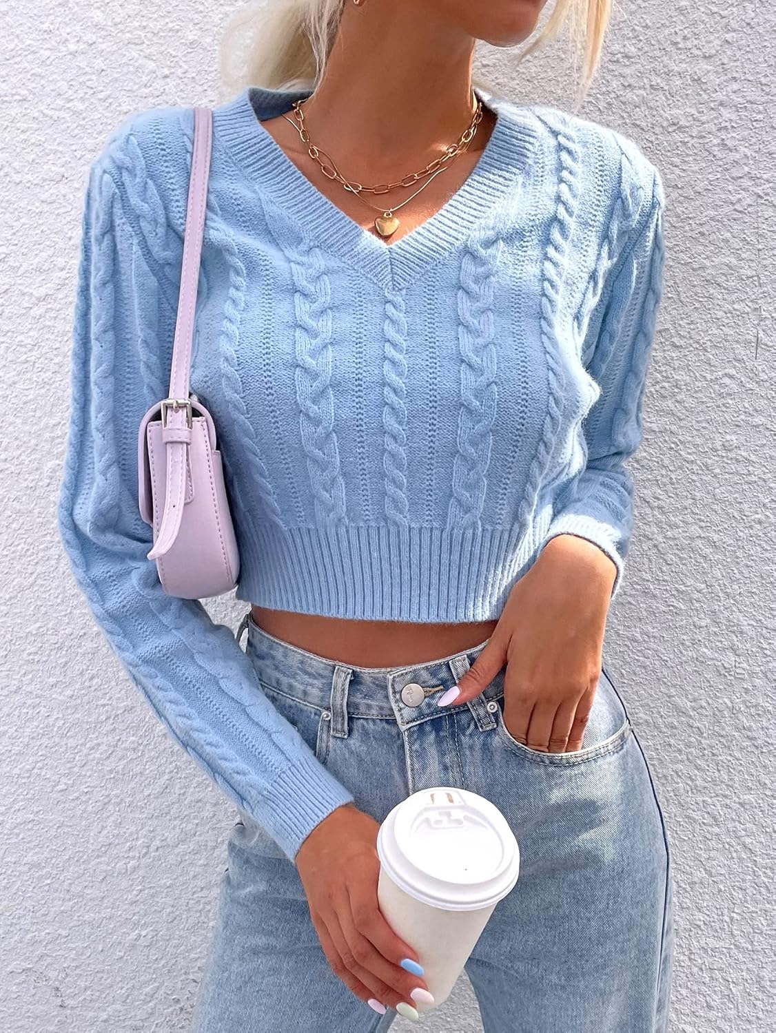 Women's Sweater -Neck Cable Knit Sweater Sweater for Women (Color : Baby Blue, Size : Medium)