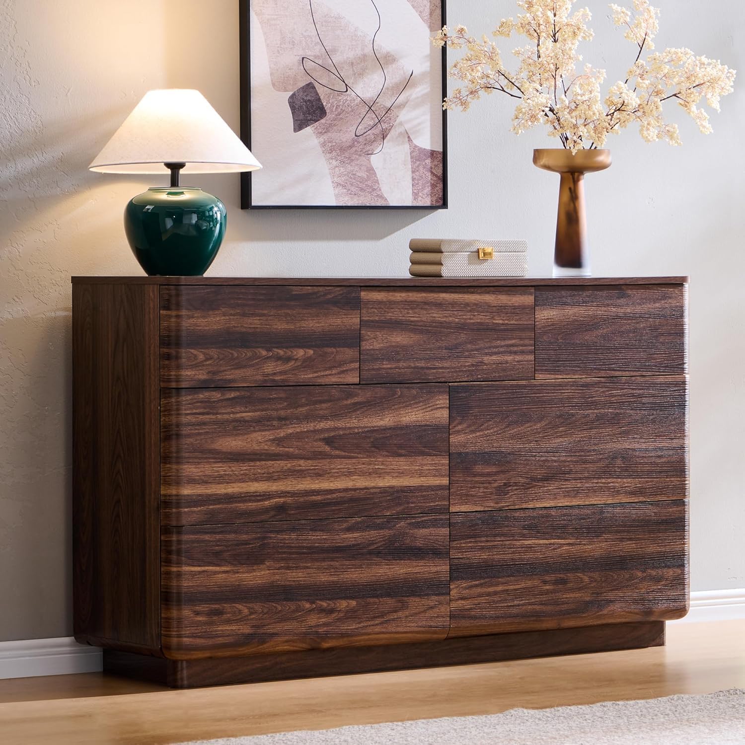 JXQTLINGMU 7 Drawer Dresser for Bedroom, Modern Push-to-Open Chest of Drawers, Large Wood Storage w/Curved Profile & Handleless Design, 52" Wide Dresser TV Stand for Bedroom, Living Room, Walnut