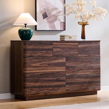 7 Drawer Dresser for Bedroom, Modern Push-to-Open Chest of Drawers, Large Wood Storage w/Curved Profile & Handleless Design, 52" Wide Dresser TV Stand for Bedroom, Living Room, Walnut