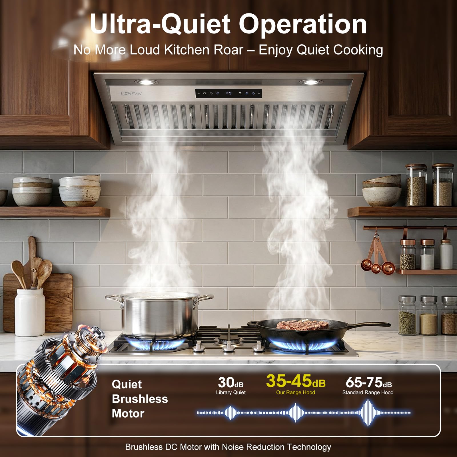 VENFAN 30 Inch Range Hood Insert, 1200 CFM Ultra Quiet DC Motor, Gesture & Touch Control, Ducted/Ductless Convertible, Stainless Steel Built-in Kitchen Vent Hood - 3