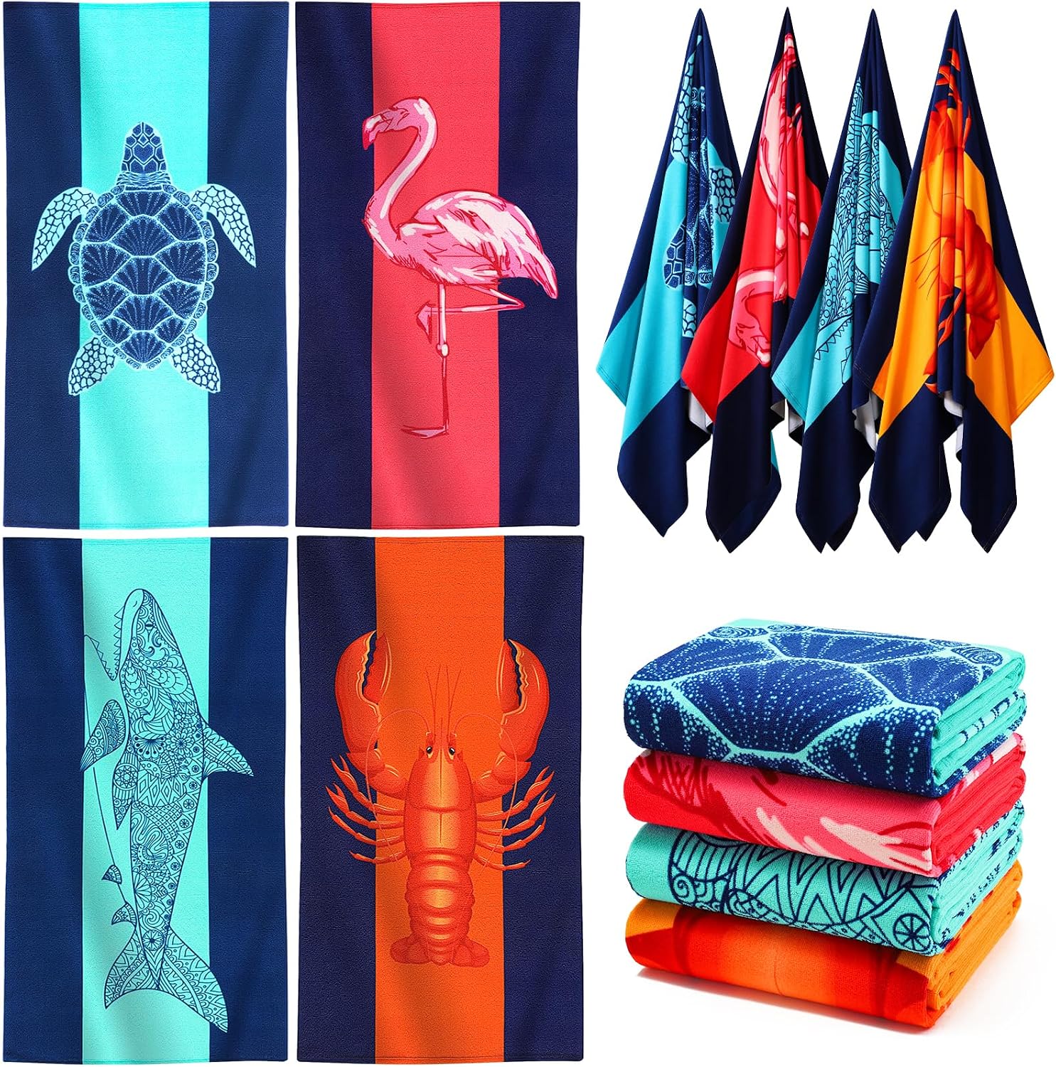 Genovega 4 Packs Oversized Beach Towel Set, 36 x 72 in XL Extra Large Big Soft Clearance Pool Swim Travel Towels Blanket for Adult Women Men Camping Cruise Cover Accessories Essentials Shark Turtle