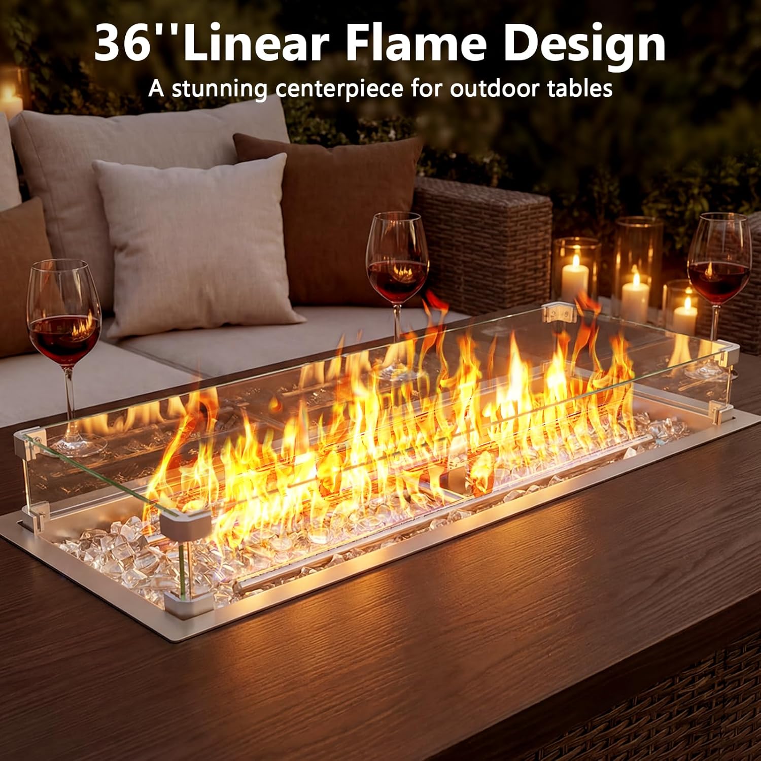 GRISUN Upgraded 36" x 12" Drop-in Fire Pit Burner Kit, Gas Fire Pit Kit with Glass Wind Guard & Lid, Linear Fire Pit Pan Insert with Spark Ignition for Fire Pit Tables