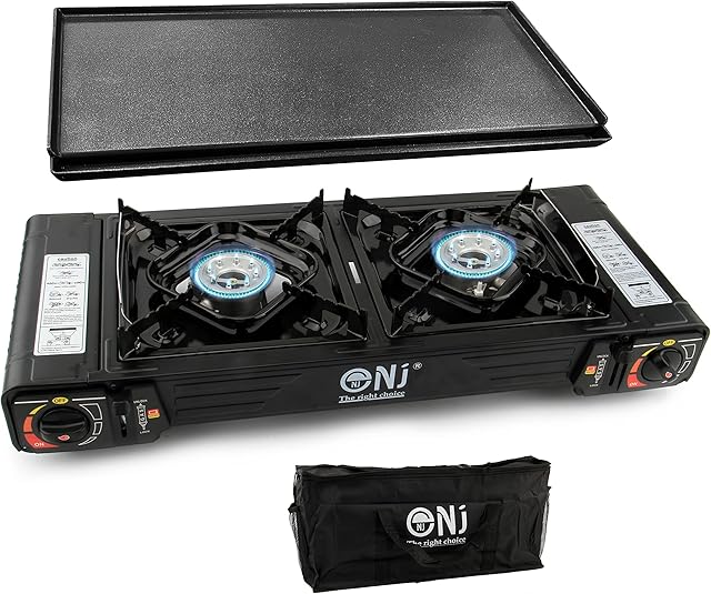 NJ DS-22 Double Camping Gas Stove 2 Burner Portable Cooker Carry Bag Butane BBQ Outdoor + Grill Plate