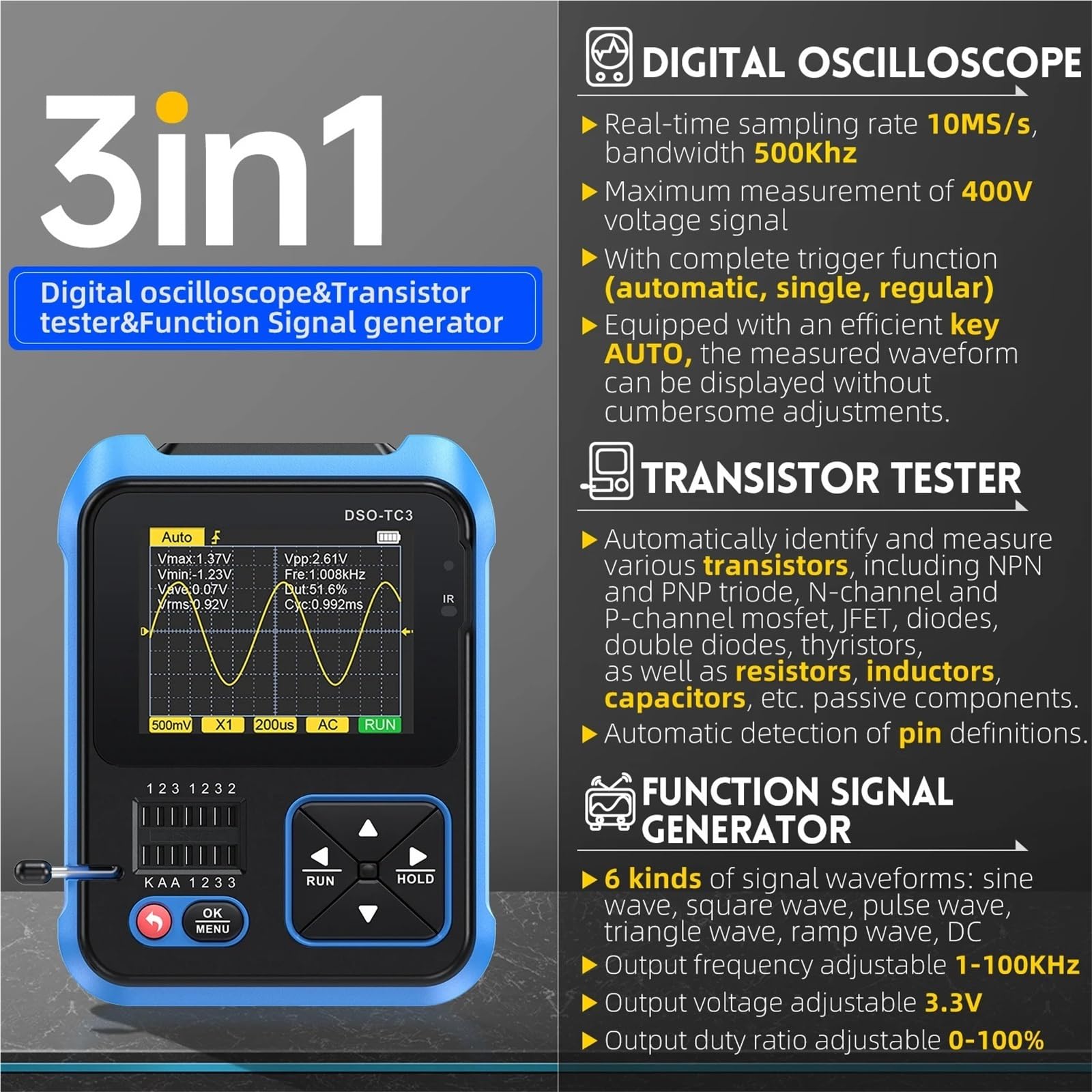 Multimetr oscyloskopowy DSO-TC3 Oscyloskop Cyfrowy Tester Tranzystorowy Funkcja Generator Sygnału 3 W 1 Wielofunkcyjny Komponentów Elektronicznych, do pomiaru(Option)