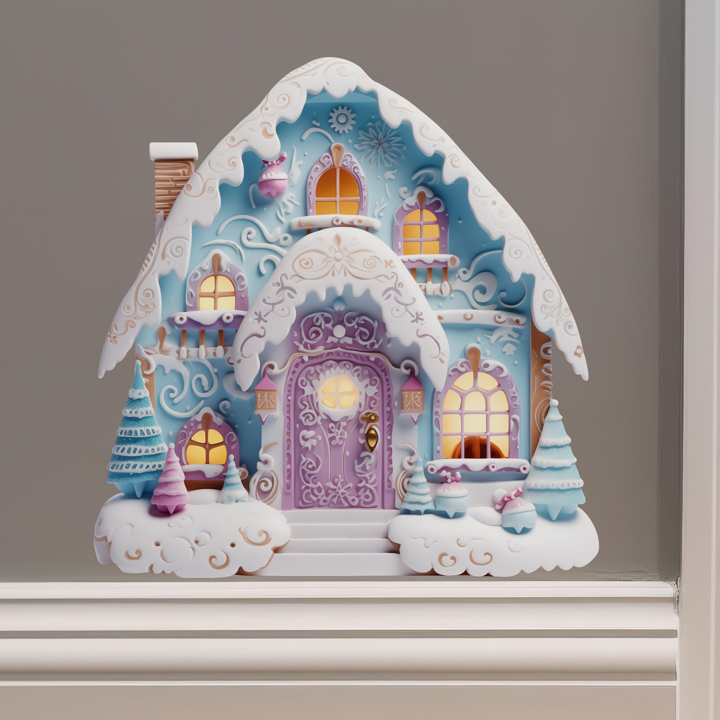 Christmas Village House Wall Sticker - Bright Blue and Purple Frosting Cotton Candy Holiday Decor Door