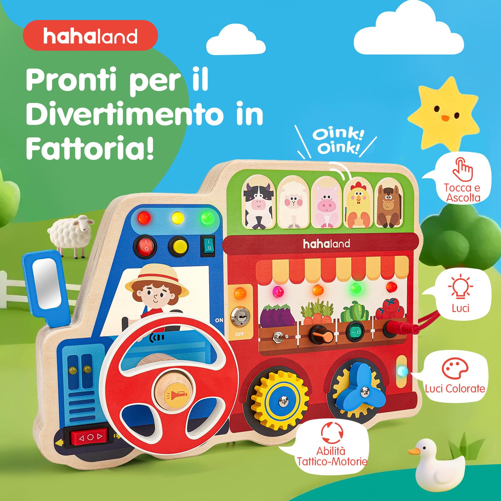 hahaland Busy Board in Legno 2 Anno, Montessori Lavagna attività da Fattoria con luci LED e Suoni, Giochi Legno Giocattolo Educativo Sensoriale Regalo Bambino 2 3 4 Anni