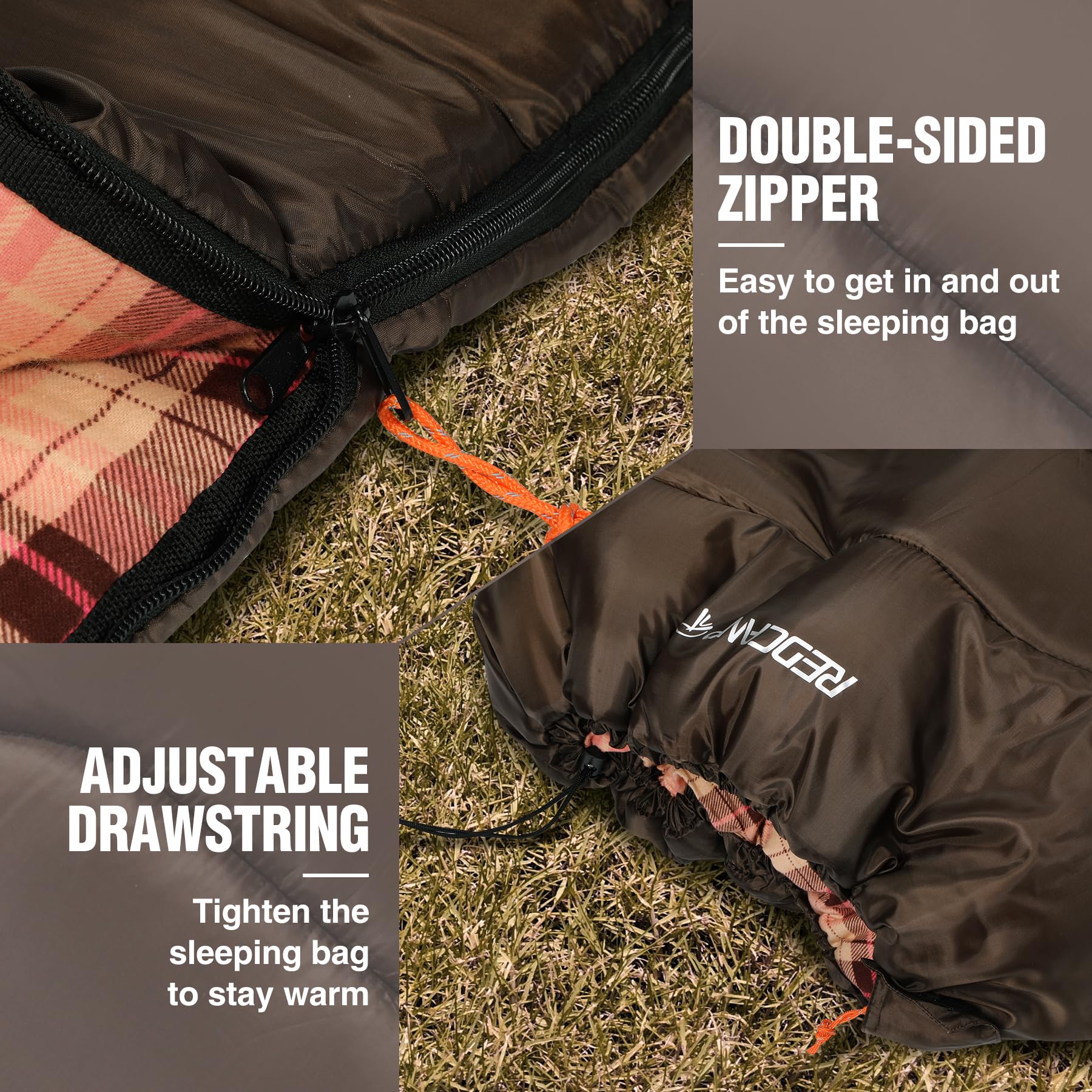 REDCAMP Cotton Flannel Sleeping Bags for Camping, 3-Season Warm and Comfortable Adult Sleeping Bag, Envelope with 2/3/4lbs Filling