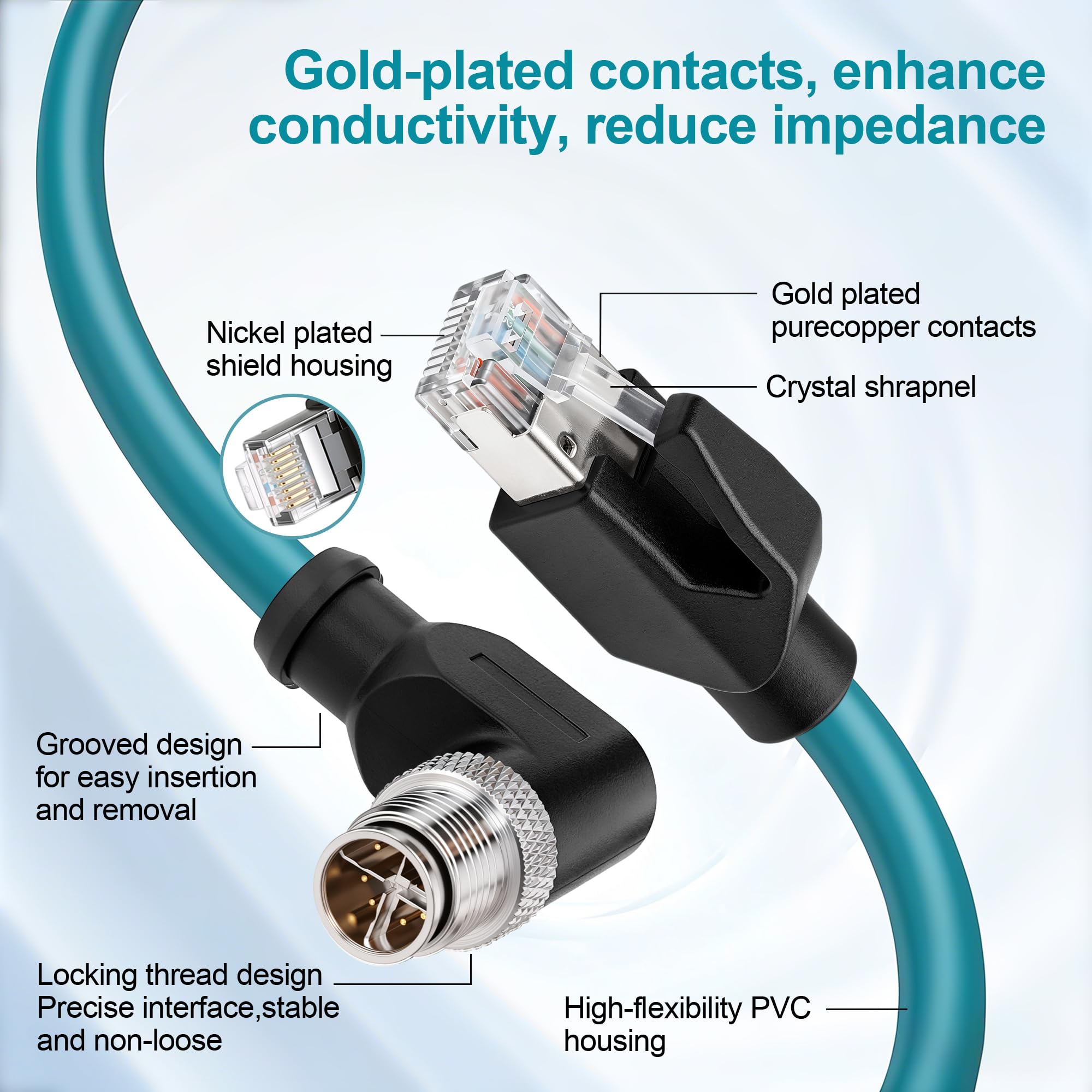SZRMCC M12 8 Pin X-Coded Angle Droit Mâle vers RJ45 Câble Ethernet Cat7e Gigabit Blindé Câble réseau étanche pour Basler GigE Cognex in-Sight Caméra Industrielle Capteurs de Vision (Bleu,15M)