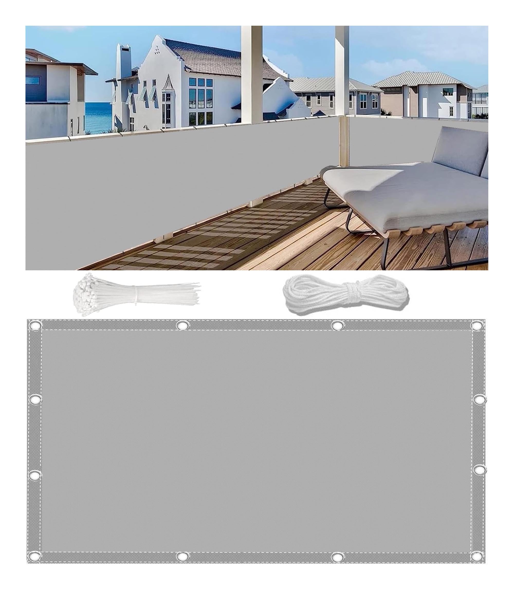 Woace Balkonsichtschutz Balkon-Verkleidung Blickdicht Wasserdicht Windschutz Balkonabdeckung für Balkongeländer Terrasse Gartenzaun mit Kabelbinder und Kordel Hellgrau 80x700cm
