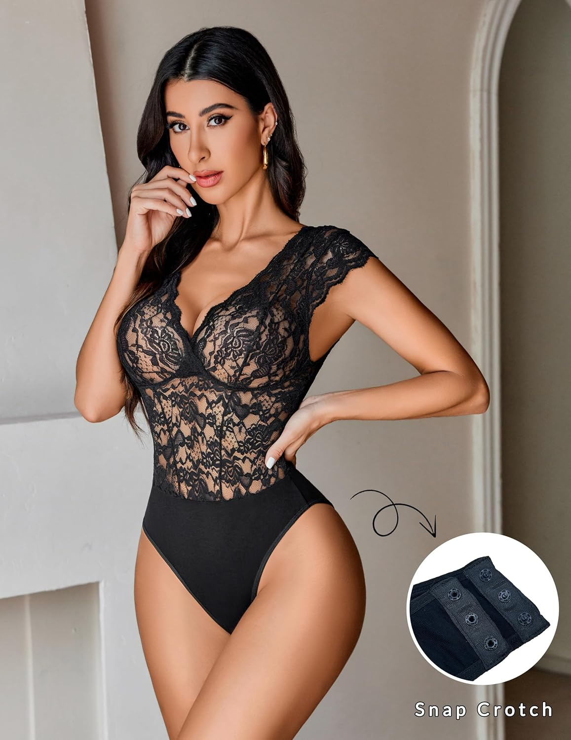 Avidlove Lace Bodysuits for Women Sexy V Neck Sheer Bodysuit Tops Snap Crotch One Piece Teddy - Image 5
