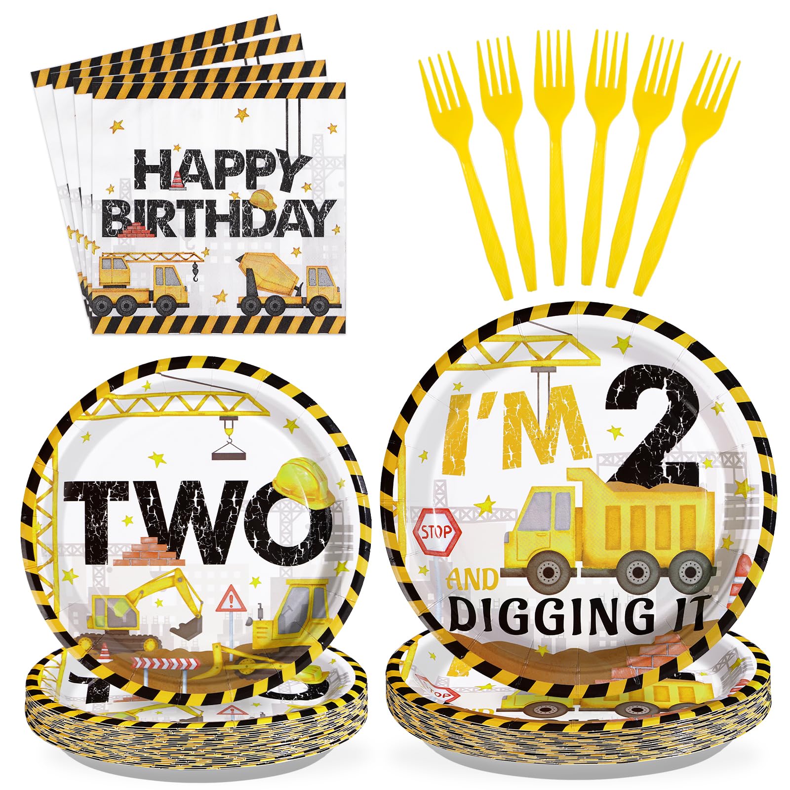 96 Pcs Construction 2nd Birthday Party Supplies Construction Truck Plates and Napkins Tableware 350GSM Excavator Birthday Decorations Favors for Boys Tractor Dump Two Years Old Birthday, Serves 24