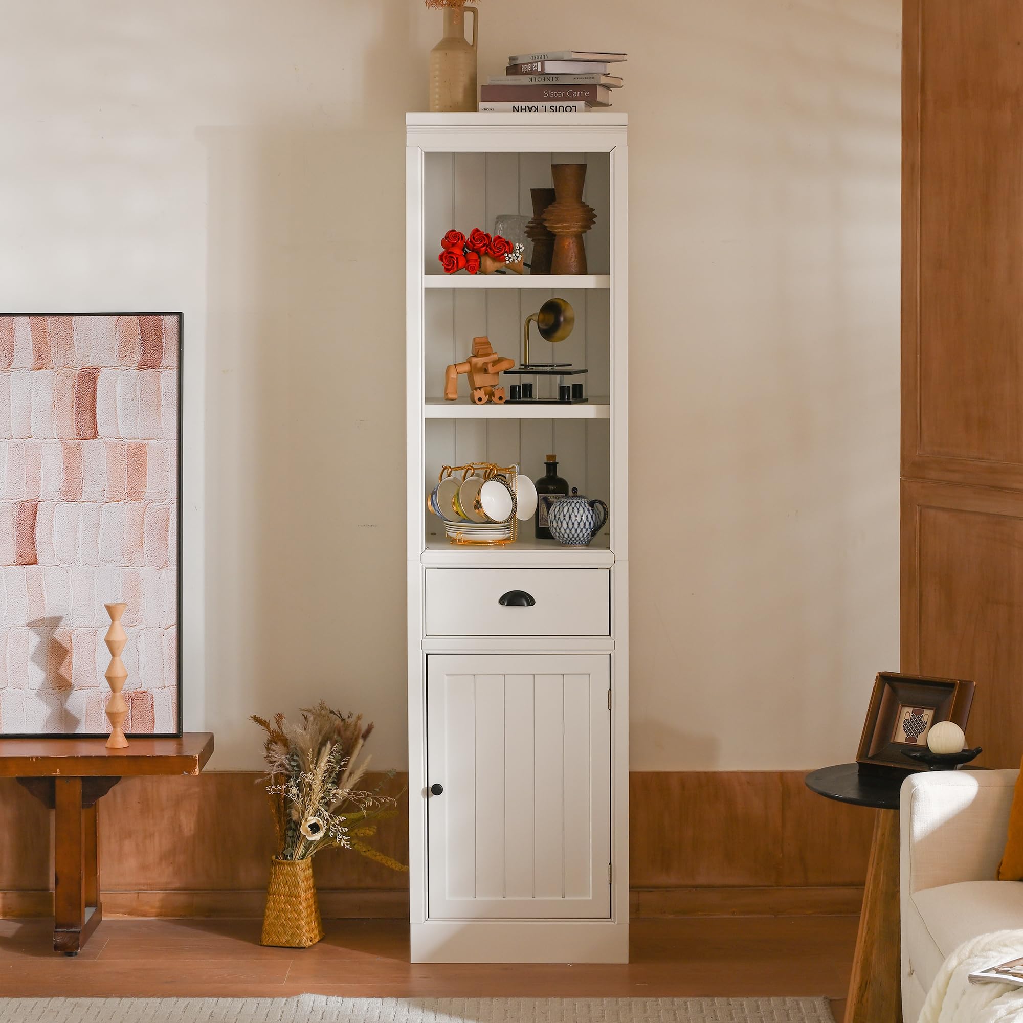 Freestanding 5-Tier Display Book Shelf with 1 File Drawer, Farmhouse Bookcase with Storage & Cabinet, Modern Wooden Organizer Pantry for Hallways Living Room, Kitchen, Home, Office - White