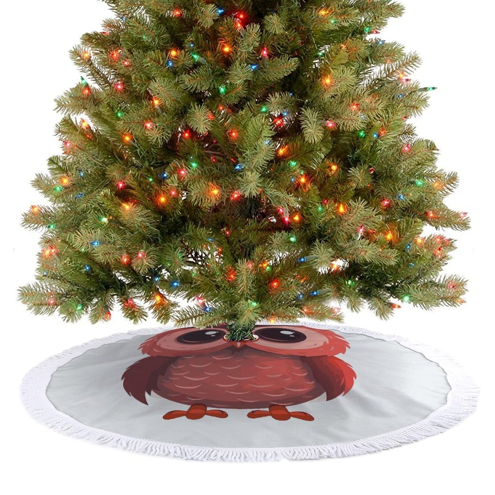Cute Red Owl Christmas Tree Skirt 48"x48" Rustic Xmas Tree Mat with Tassel Ornament Christmas Trees Cover Skirt Mat for Evergreen Trees Ornament Winter Holiday Mats Decorations