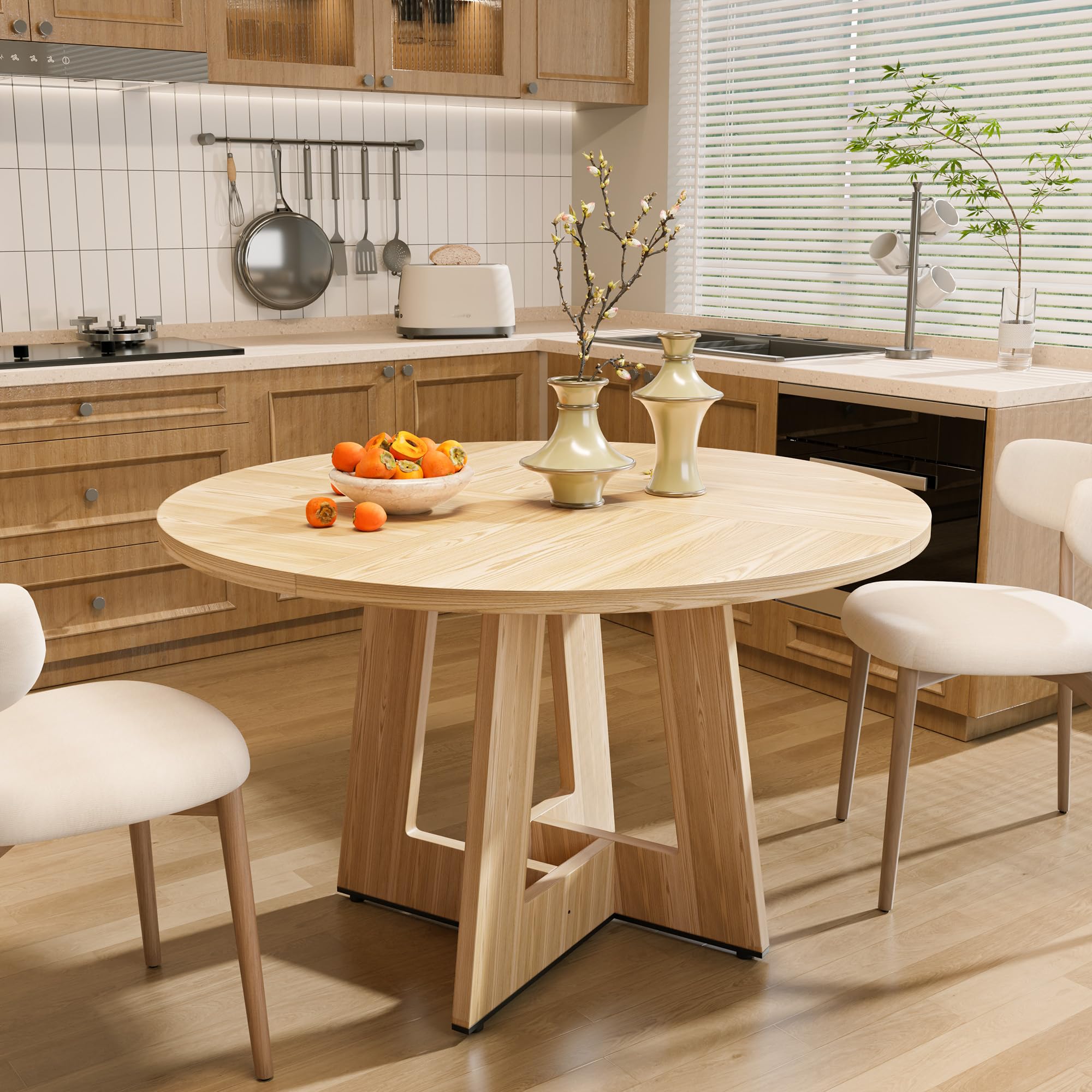 YOUDENOVA Tavolo da pranzo rotondo 120 cm, tavolo da pranzo in legno per 4-6 persone, estetica rustica da cucina con piedini a giuntura geometrica moderna, naturale (SENZA SEDIE)