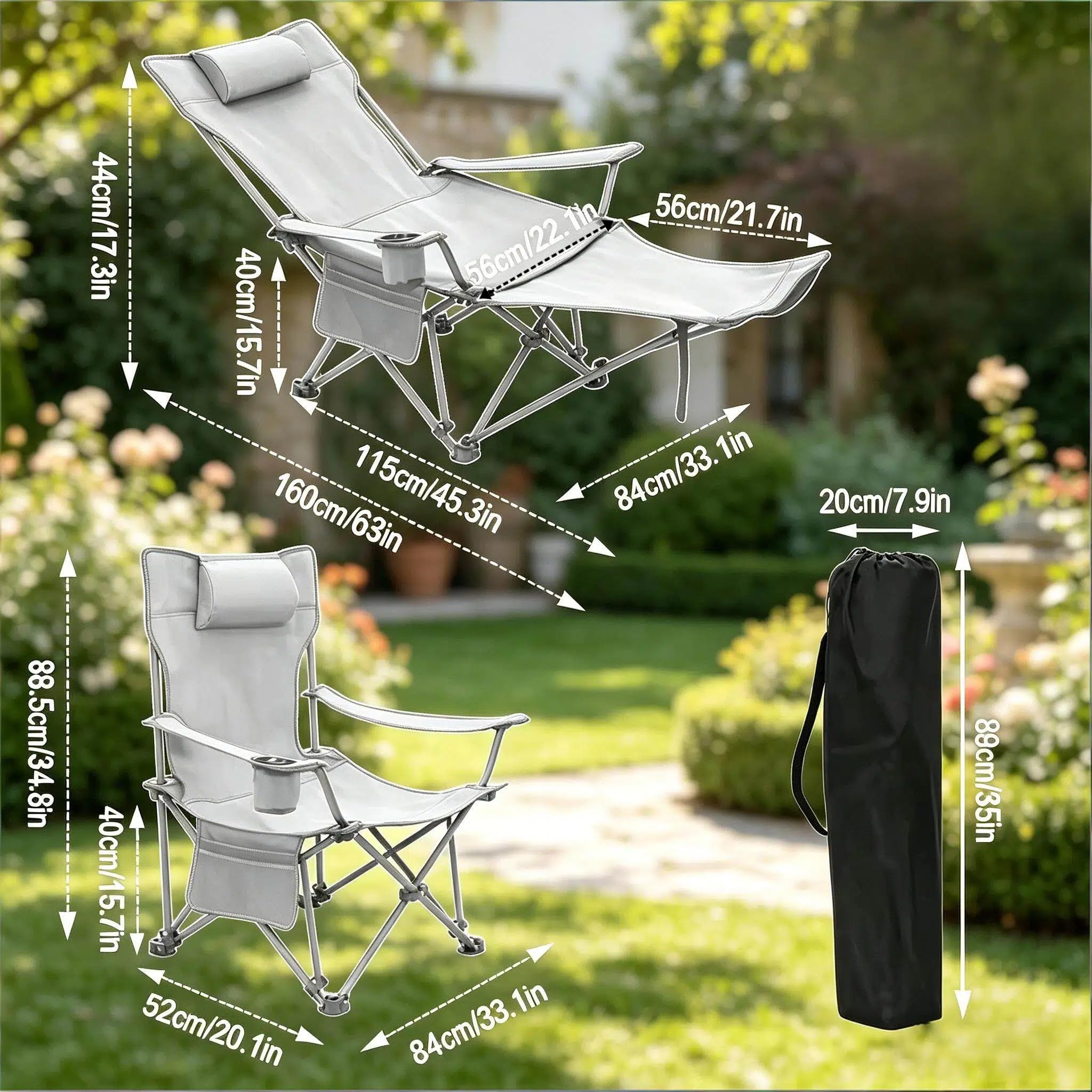 Ergonomiczne krzesło kempingowe z funkcją leżenia – regulowane krzesło składane na plażę, do ogrodu i wędkowania, wysuwany podnóżek i uchwyt na napoje, stabilne do 150 kg, w zestawie torba