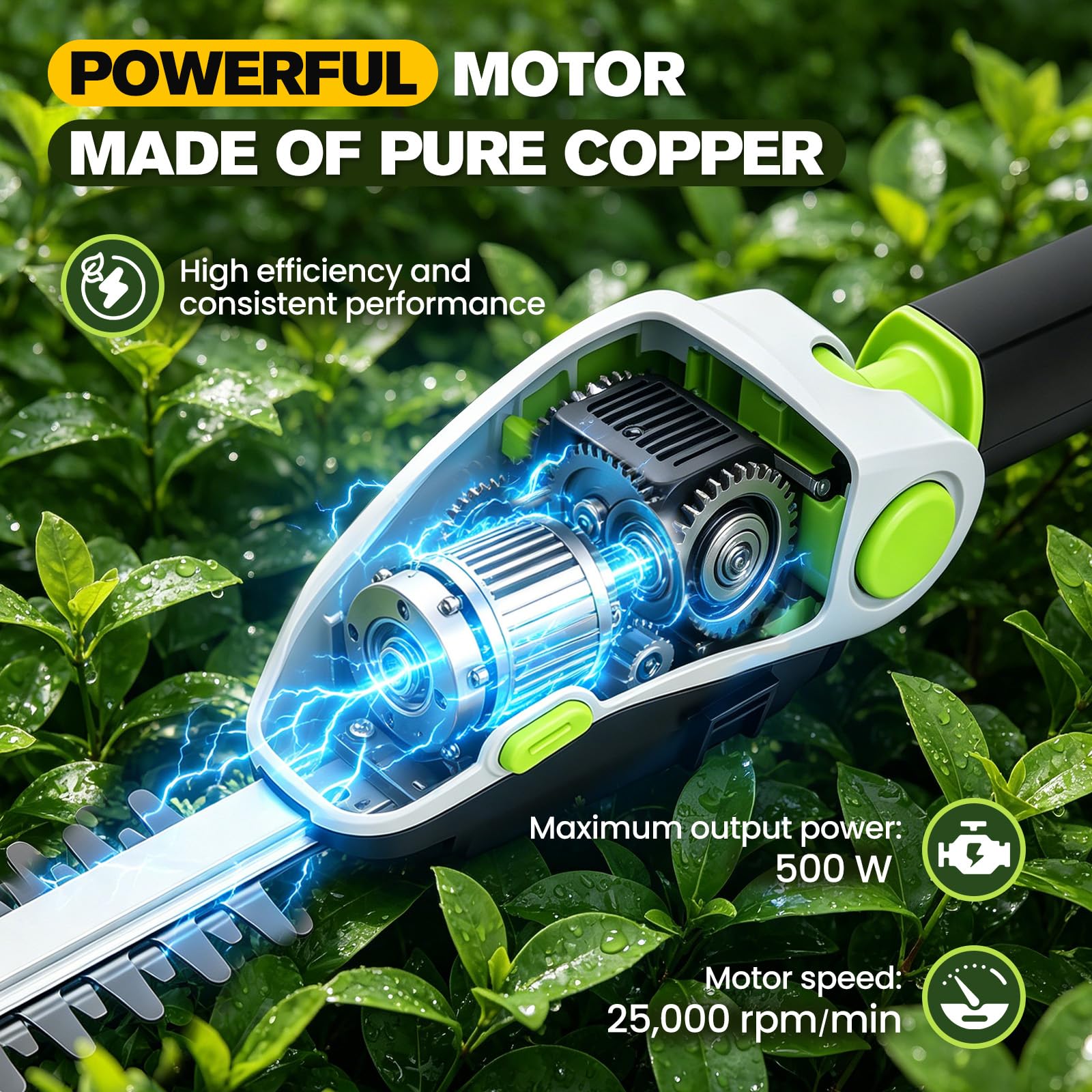 Cortasetos telescópico con batería de 21 V, 2 en 1, cortasetos con batería con 2 cabezales intercambiables, motor de cepillo de 500 W, cuchilla SK5, cabezal de corte ajustable en 11 posiciones, ideal