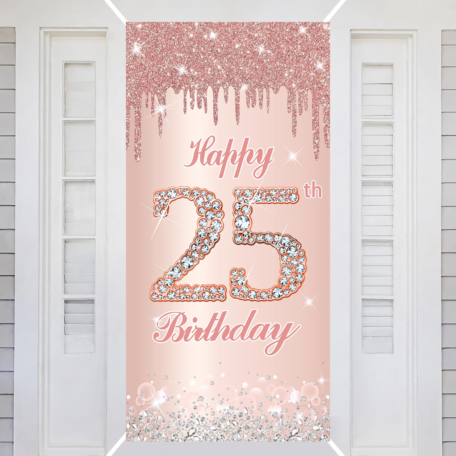 25th Happy Birthday Decorations Door Banner Pink Rose Birthday Banner for Party Backdrop for Women Door Cover Party Decoration Supplies Poster